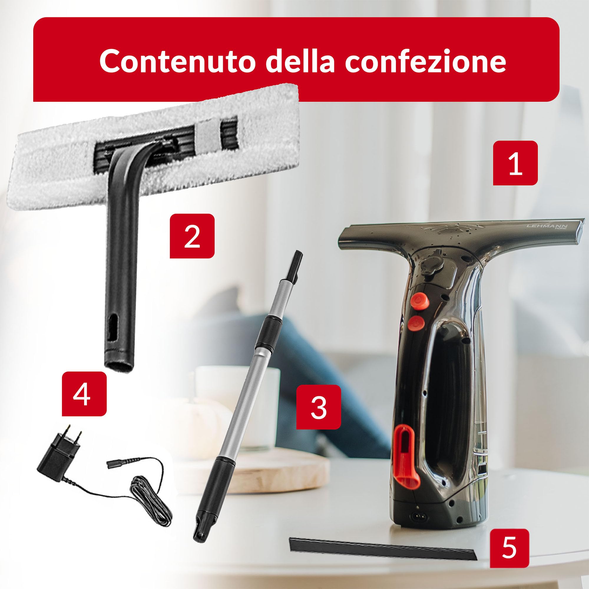 LEHMANN Lavavetri Elettrico con Gomma Extra Sostituibile, Aspiragocce a Batteria 25 cm, Pulisci Vetri con Spray Integrato, Lancia Telescopica & Panno in Microfibra