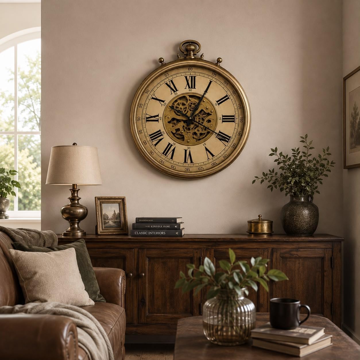Dekoratif Duvar Saati 60 cm, Vintage Steampunk Tasarım, Roma Rakamlı, Altın Dişli Çark Detaylı, Büyük Duvar Saati, Salon, Oturma Odası, Ofis ve Ev Dekorasyonu, Retro Saat