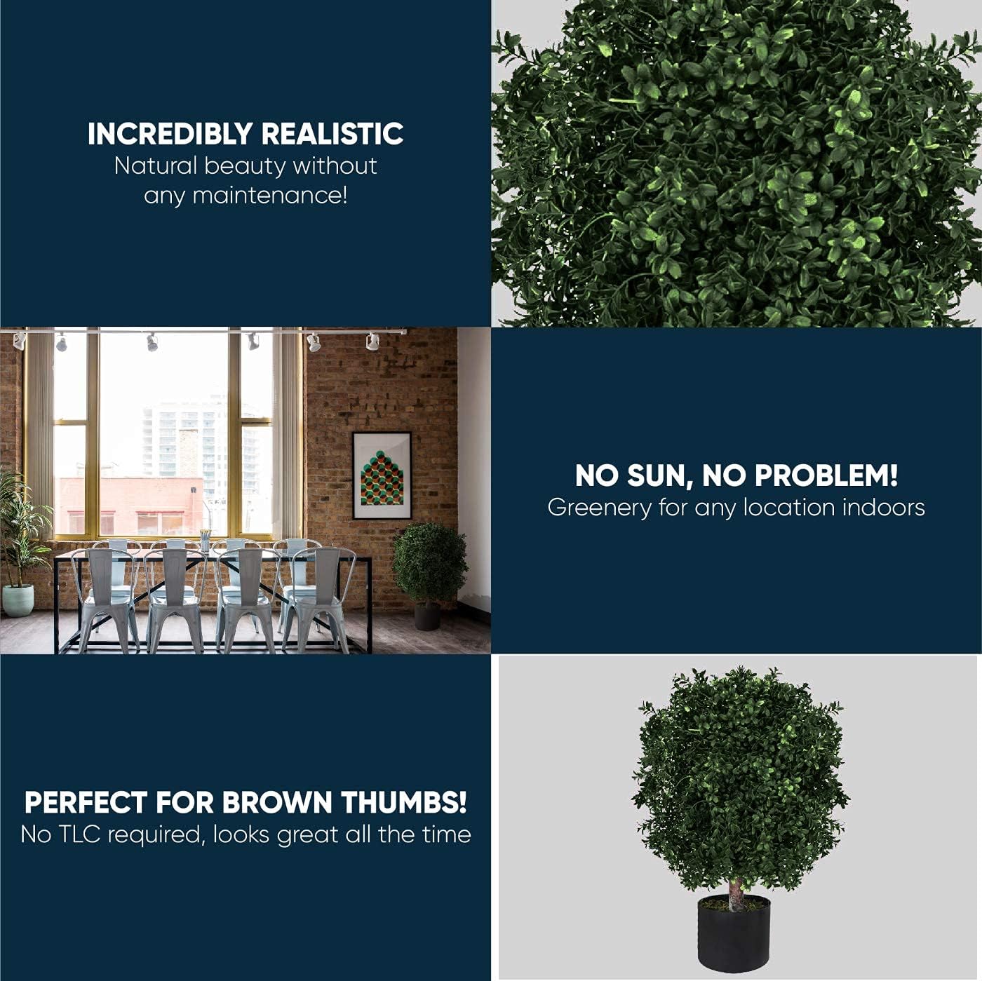 24" Tall Artificial Boxwood Topiary Pair, 2 Plants, Outdoor Ready, Natural Looking Fake Potted Shrubs (Dark Green, 24) -