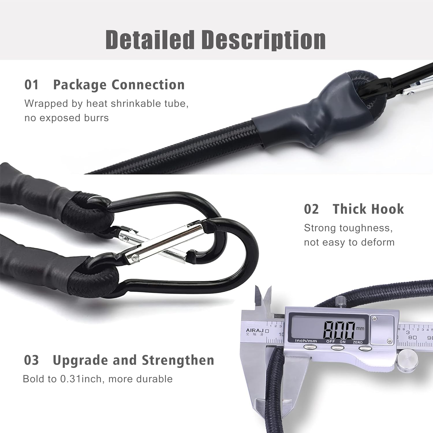 24 inch Bungee Cords with Carabiner Hook, Black Short Heavy Duty Elastic Tie Downs Straps, Extra Strong Lastic Rope with Length Metal Buckle for Outdoor, Camping, Luggage, Bike Rack (6 Pack)