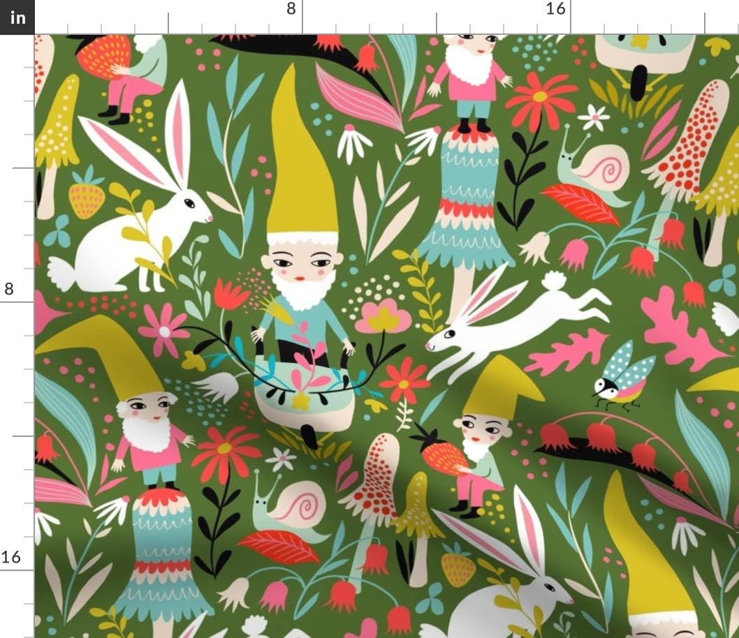Spoonflower Fabric - Gnomes Rabbits Forest Snail Bugs Flowery Kids Room Printed on Cotton Poplin Fabric by The Yard - Sewing Shirting Quilting Dresses Apparel Crafts