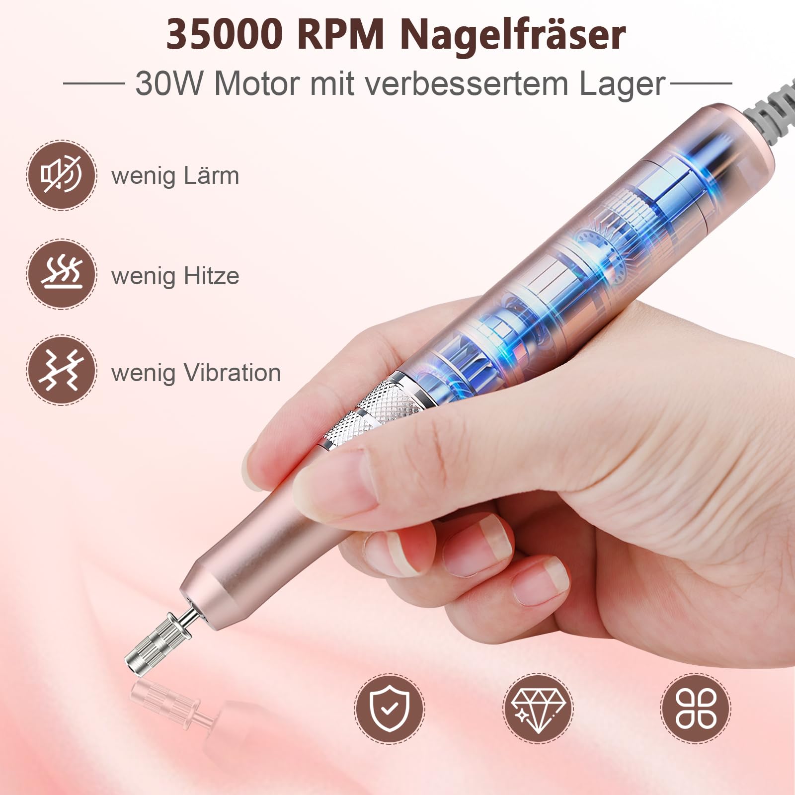 Nagelfräser - Elektrische Nagelfeile Maniküre Pediküre Set , Nagelfräser Maniküre, Fräser für Gelnägel und Acrylnägel, 35000U/M, Set mit 6 Fräsen, Rose