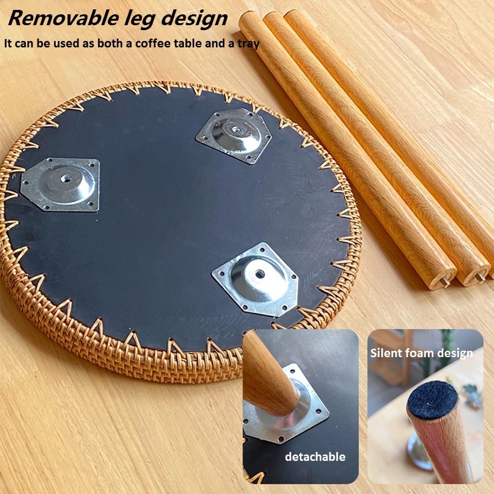 Round Rattan Side Table with 3 Wood Legs Mother of Pearl Inlay Coffee End Table Decorative Shell Bedside Nightstand Table Sofa Side Table Plant Display Table (B)