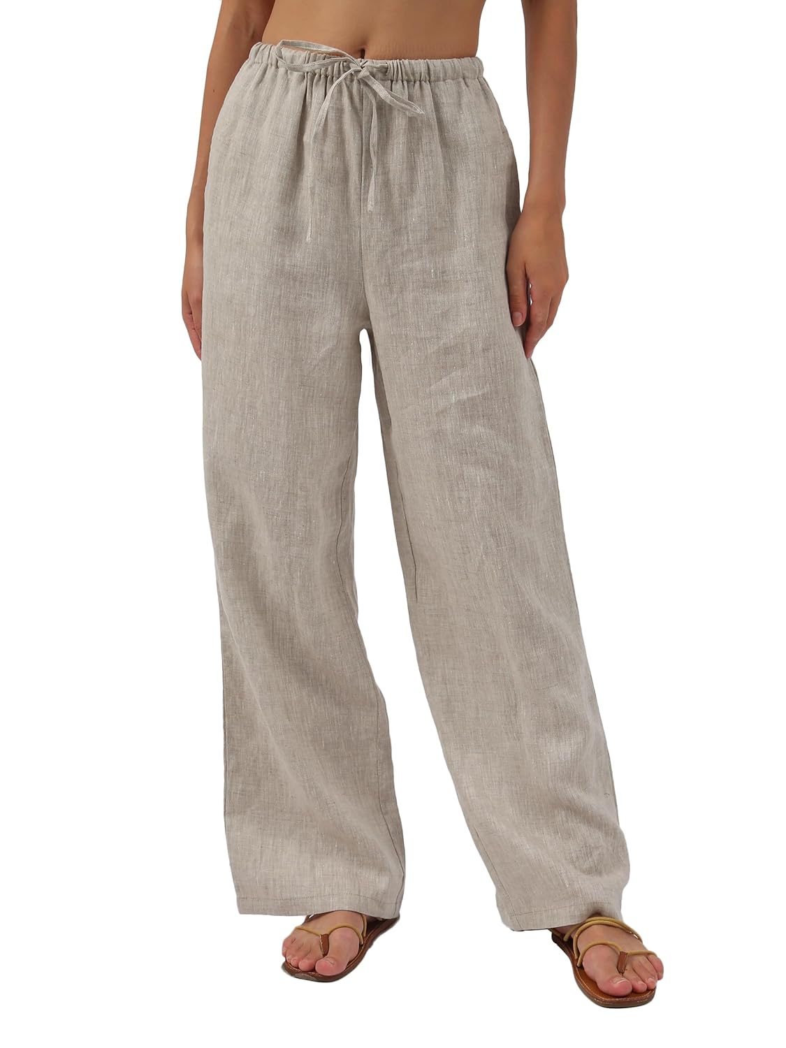 Amazhiyu Womens Pure Linen Summer Drawstring Flowy Wide Leg Pants with Pockets