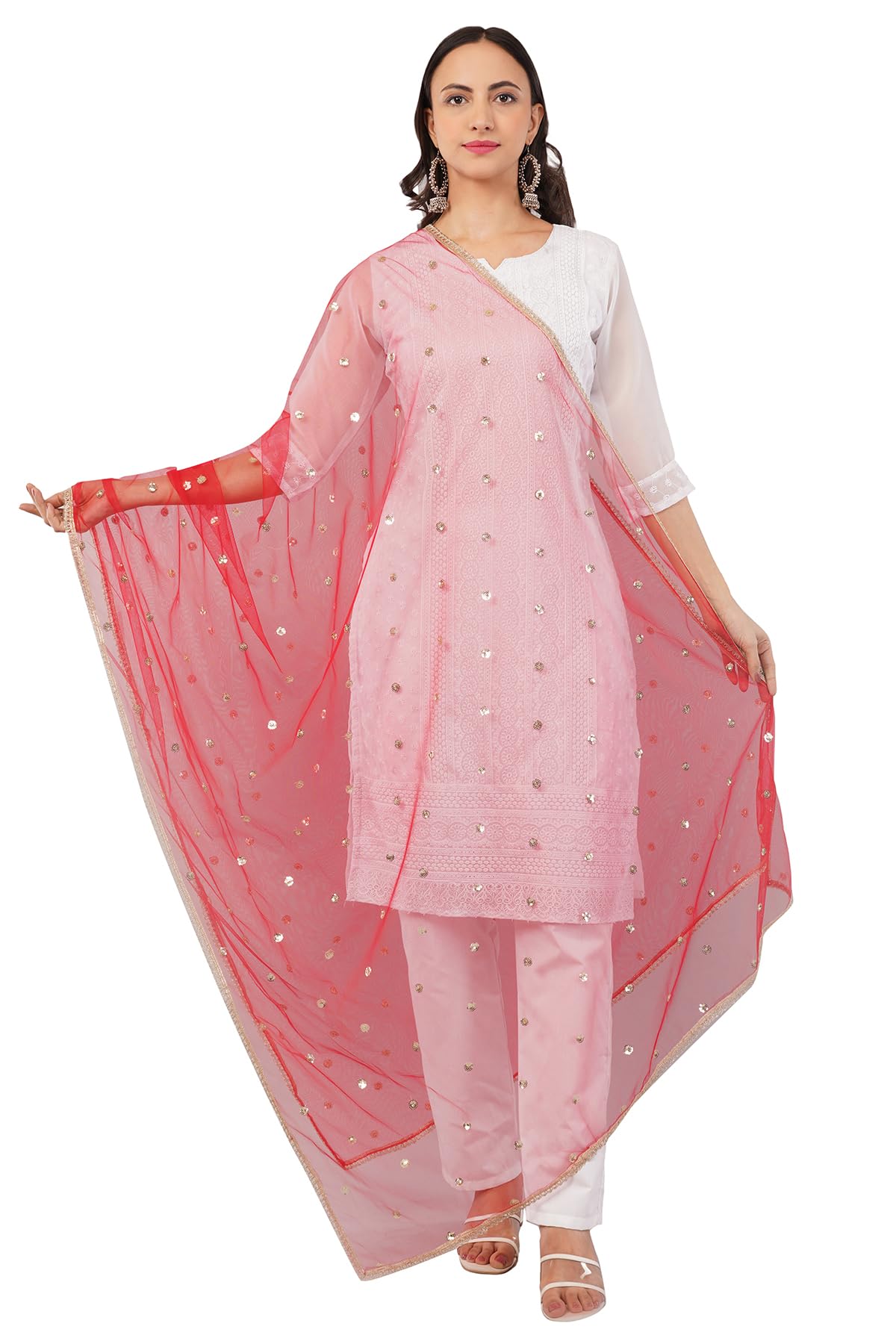 Net Sequins Dupatta for Women | Chex Design Soft Net Chunni | Bridal, Festive & Casual Wear Dupatta for Kurti & Salwar Suit-image-4