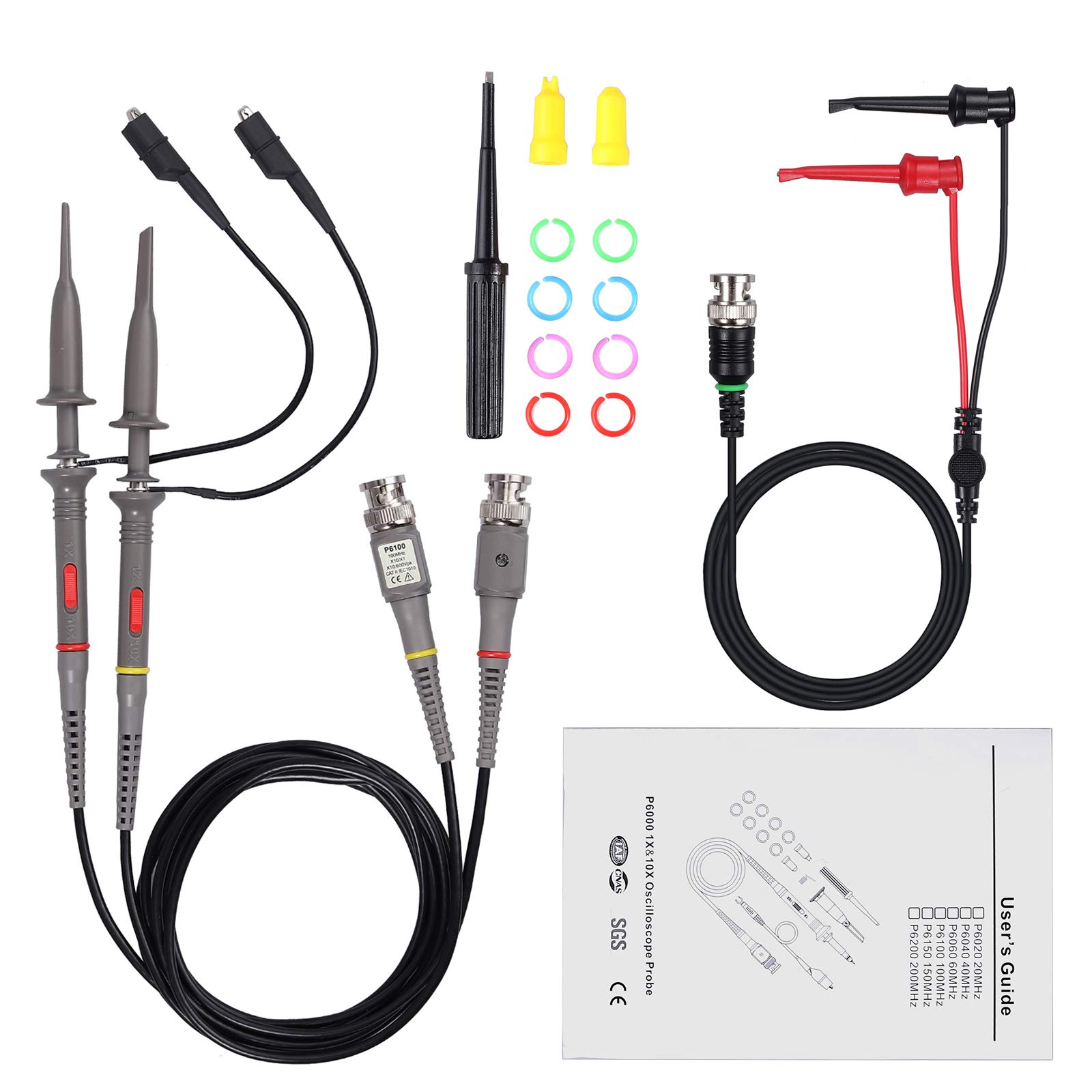 Proster BNC Messleitungen 2PCS P6100 100MHz Oszilloskop Messfühler mit BNC zu Minigrabber Messleitung Kit 10: 1 und 1: 1 Umschaltbarer Hochpräziser Scope Analyzer Alligator Messfühler Clip
