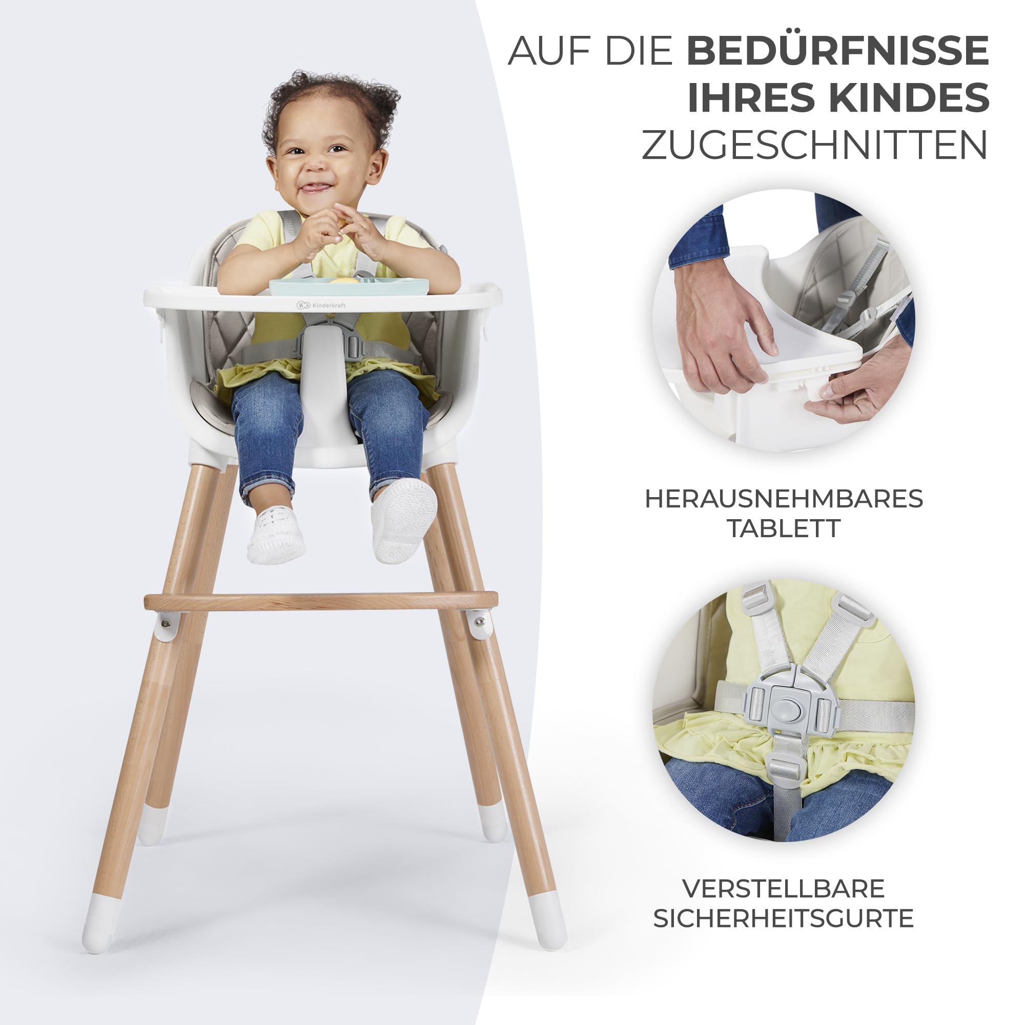 Kinderkraft Hochstuhl SIENNA 2 in 1, Kinderhochstuhl, Babystuhl, Kombihochstuhl, Beine aus Holz, 5-Punkt-Gurt, Fußstütze, abnehmbare Tablett, Rutschfeste Stuhlbeinkappen, ab 6 Monate bis 4 Jahre, Grau