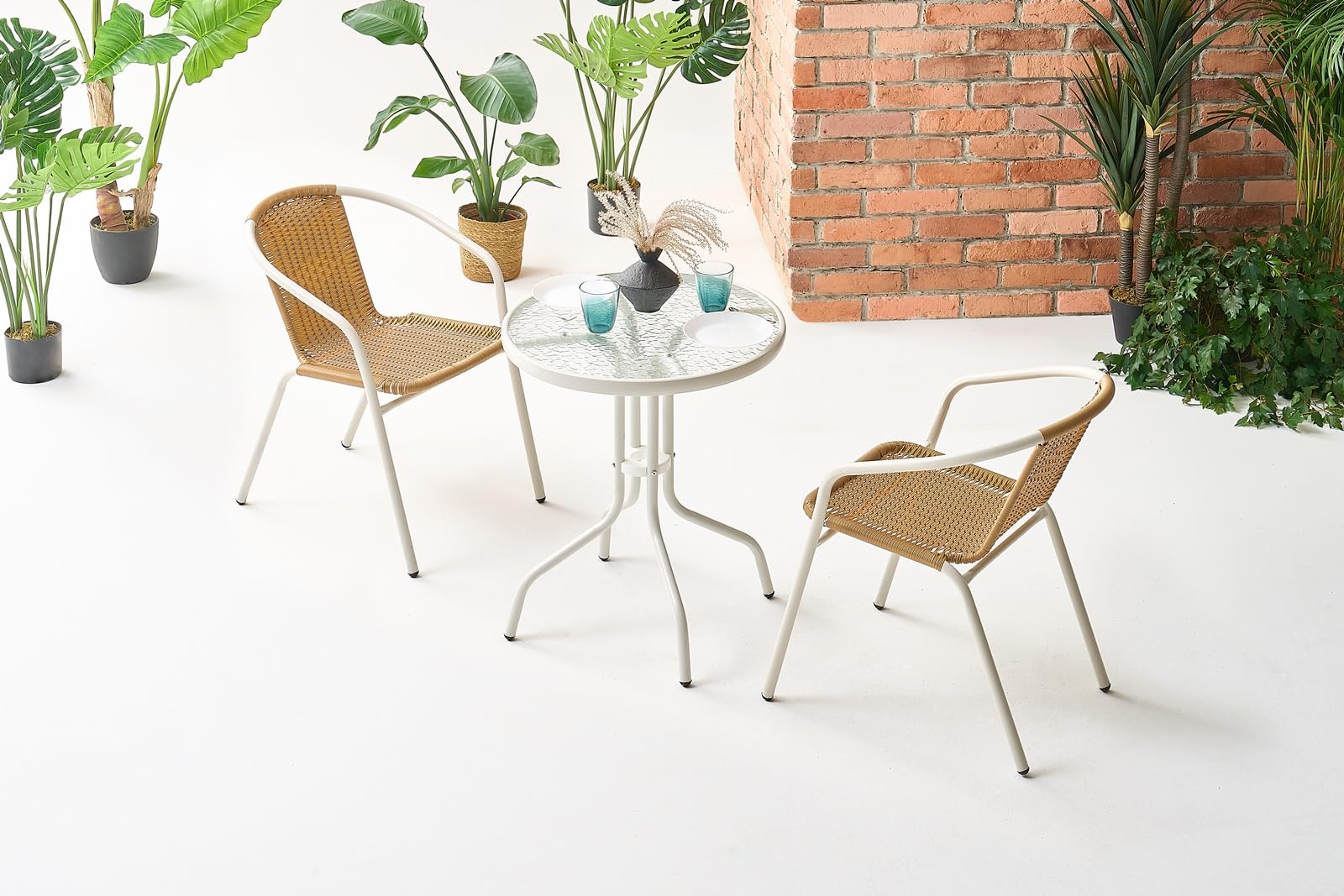 Gartentisch Glastisch Bistrotisch Balkontisch 60x60x70cm Outdoor Garten Terrasse Weiß mit gemusterter Glasplatte