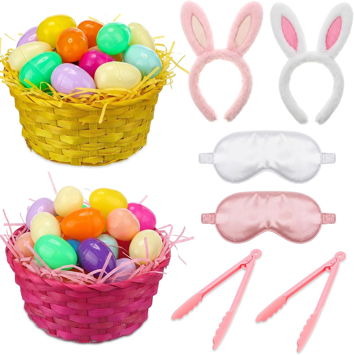 Tigeen 90 Pcs Easter Egg Clips Race Game - 2 Set Easter Blind Game for Group Family Adults, Outdoor Indoor Party Games & Activities, Including Ear Headbands, Blindfolds, Clips, Baskets & Colorful Eggs