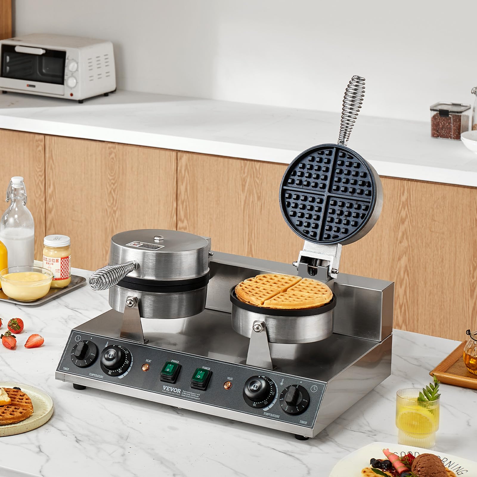 VEVOR Gaufrier Commercial 2460 W, Appareil à Gaufre Ronde à Double Tête, en Acier Inoxydable, Antiadhésif, avec Contrôle de la Température et du Temps, pour Restaurant Boulangerie Snack Bar Famille