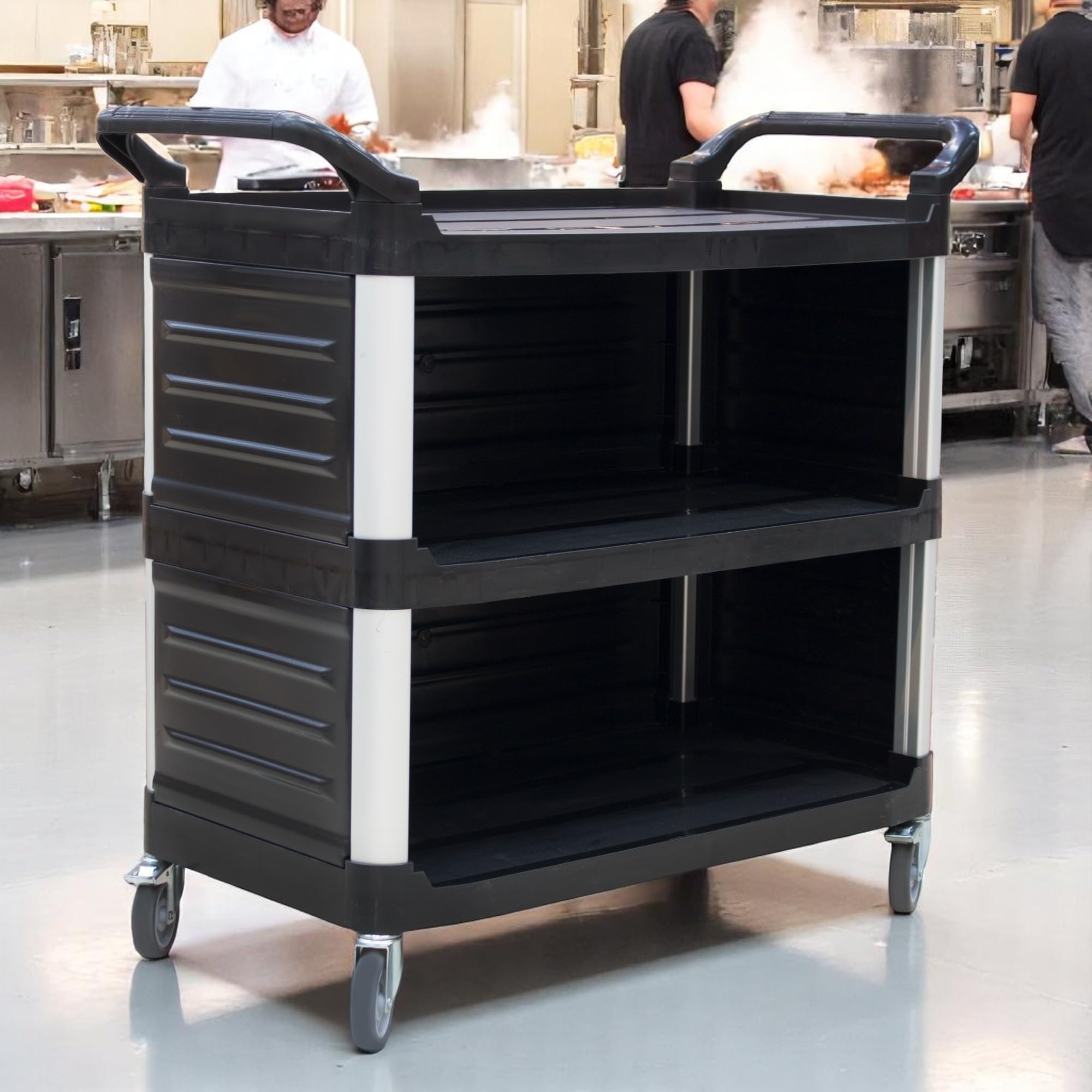 Grace Plastic Service Trolley 3 Shelves, PVC Trolley Enclosed Design with 2 Side Handles, Plastic and Aluminum - Black