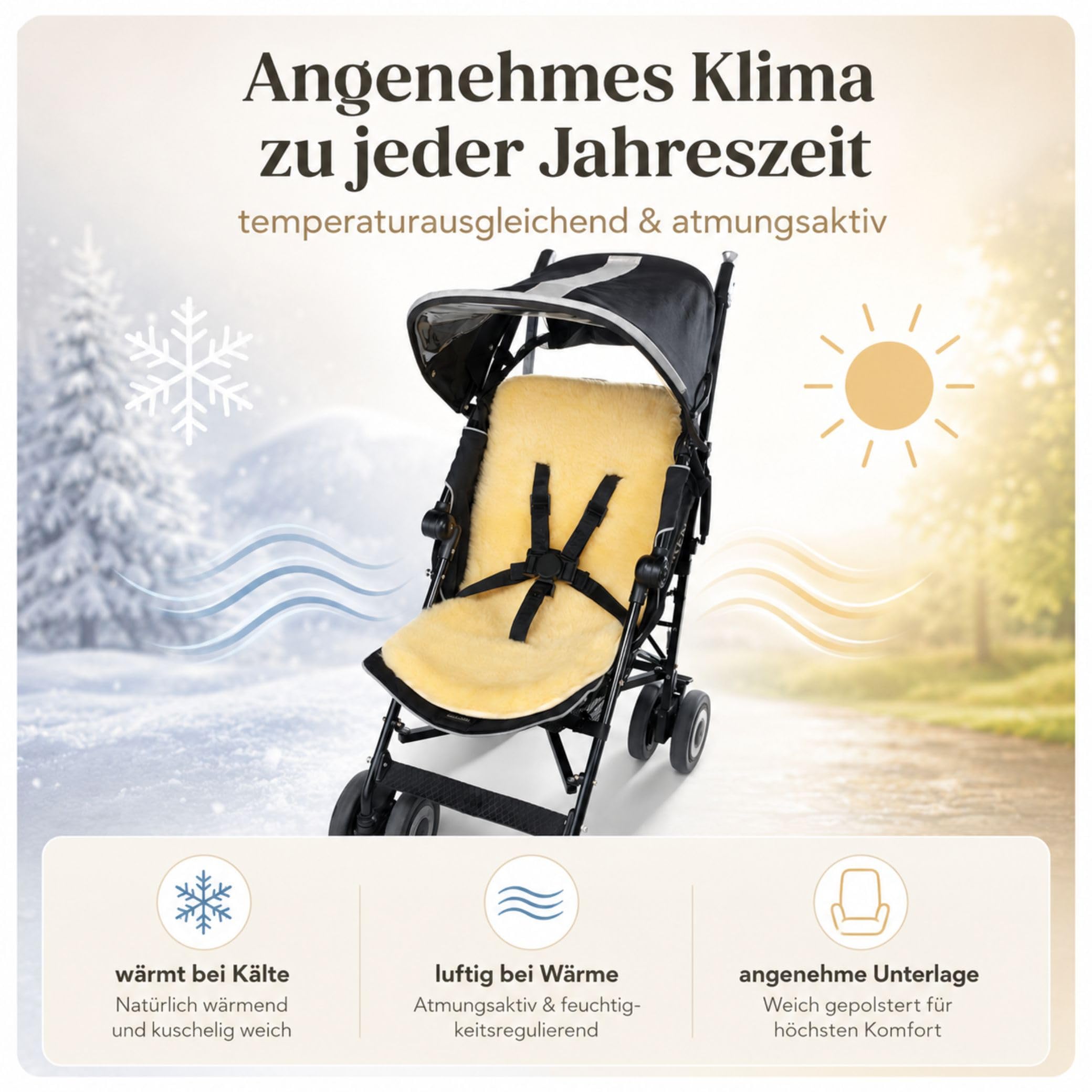 Hofbrucker Lammfell Kinderwagen Sitzauflage - Atmungsaktive Sitzauflage für Buggy Kinderwagen, Gurtschlitze, Waschbar bei 30°C, Sitzverkleinerer Inkl. Baumwoll-Windel