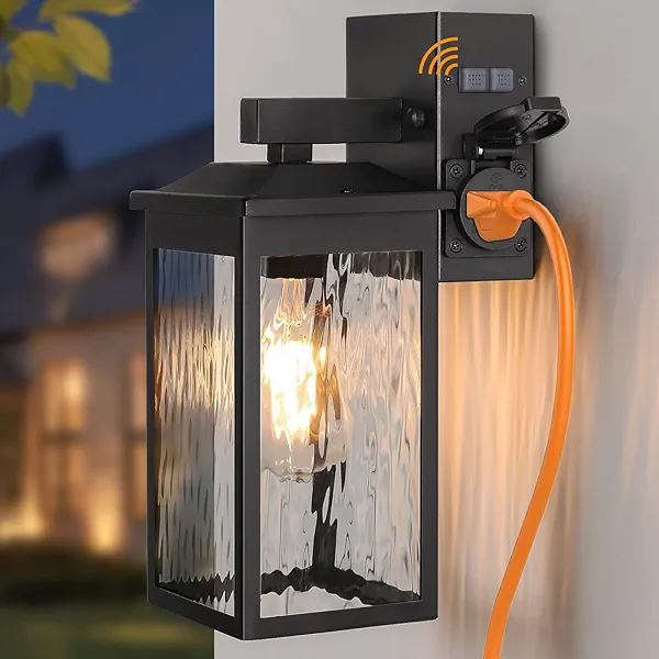 Porch Lights with GFCI Outlet, Dusk to Dawn Outdoor Wall Lighting with Water Rippled Glass Shade, Waterproof Exterior Light Fixture Black Outside Lights for House Front Door Garage Patio (E26 Base)