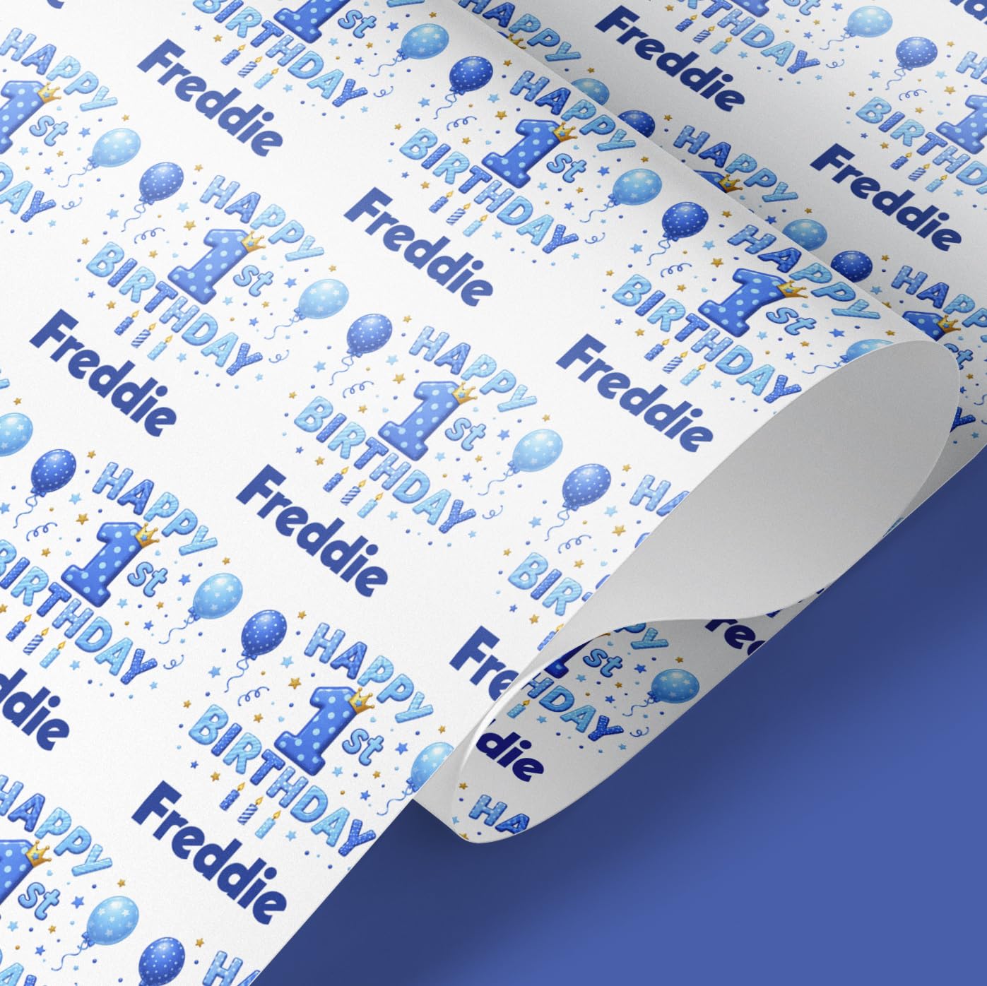 Personalised Blue 1st Birthday Wrapping Paper | Any Name | Boys Gift Wrap (2mt)