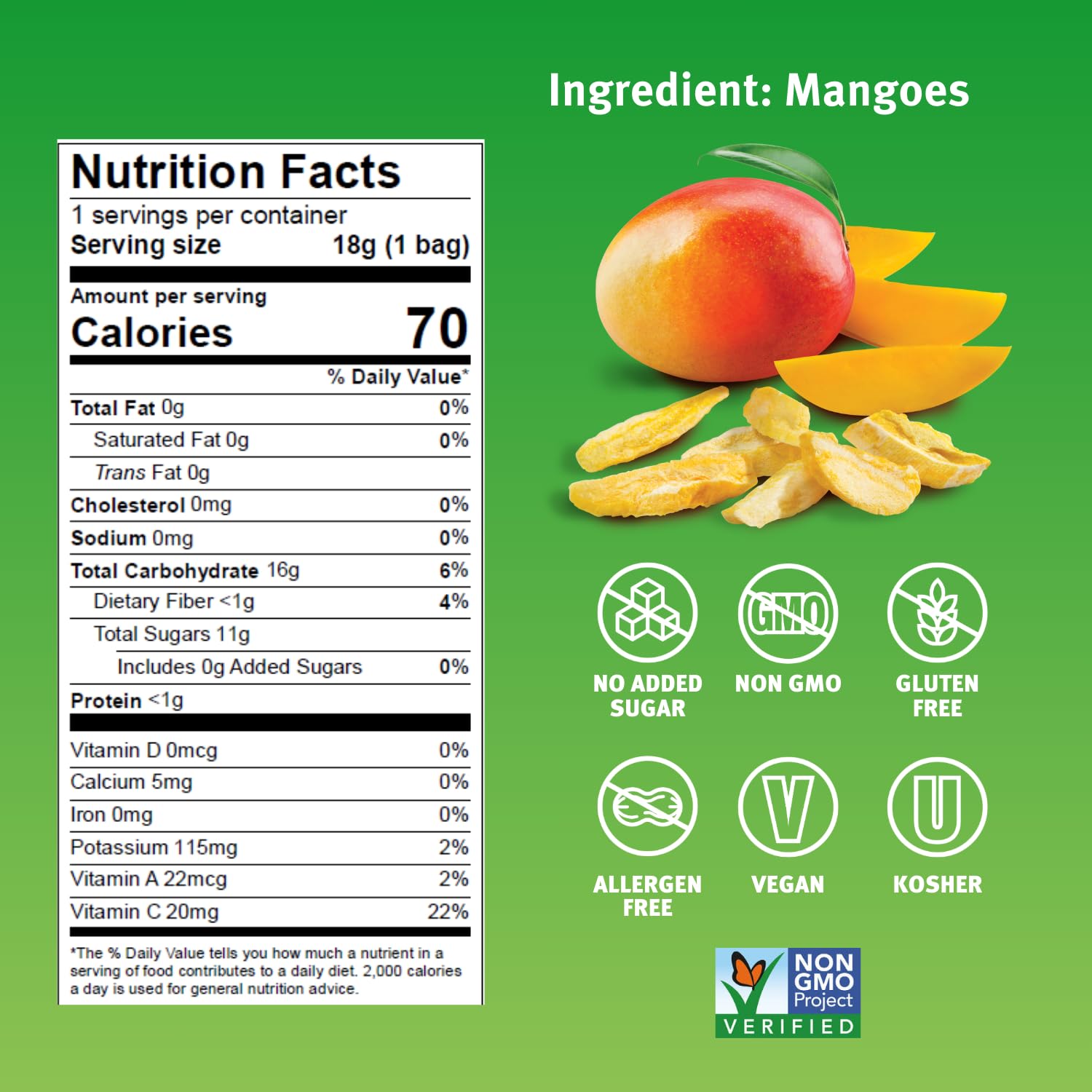 Crispy Green Freeze-Dried Mango Fruit Snacks, 0.63 Oz (Pack of 12), 100% Pure Fruit, All-Natural, No Added Sugar, Single-Serve Bags for Healthy Snacks & School Lunches