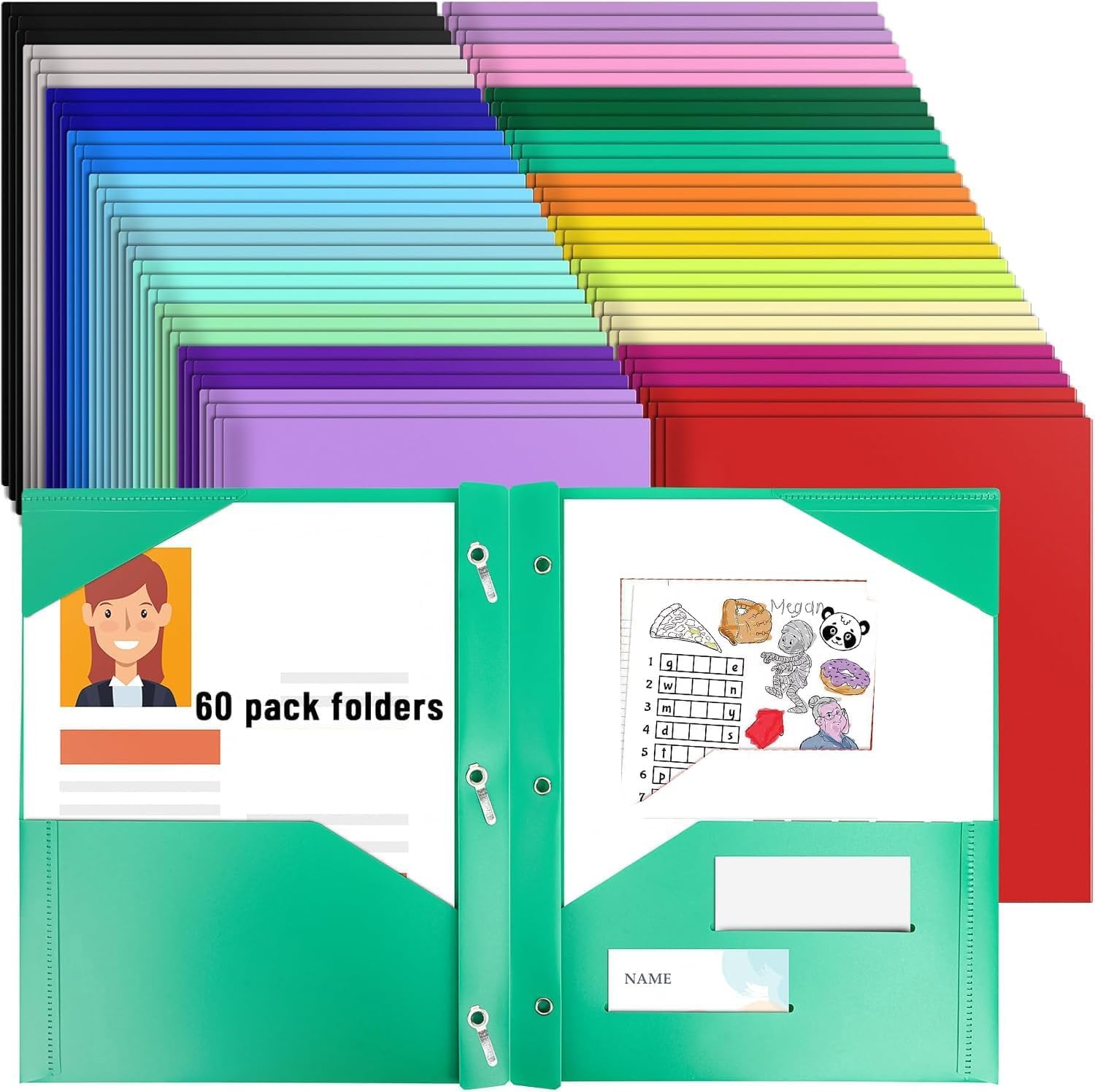 dossiers en plastique avecpoches et griffes,dossiersdepoche,60 pièces,dossieren plastique A4 avec poches,dossier de dossiers avec bouchons,2 poches, 3 zincs,dossier pour école Home Office Business