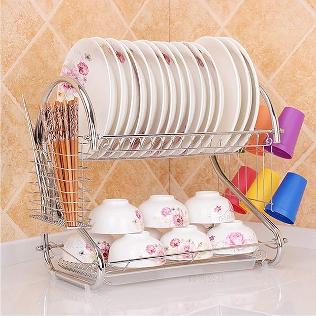 ASUNCELL Dish Rack 2 Tier Dish Drainer Board Draining Rack Cup Bowl Holder Chopsticks Rack Cutting Board Holder
