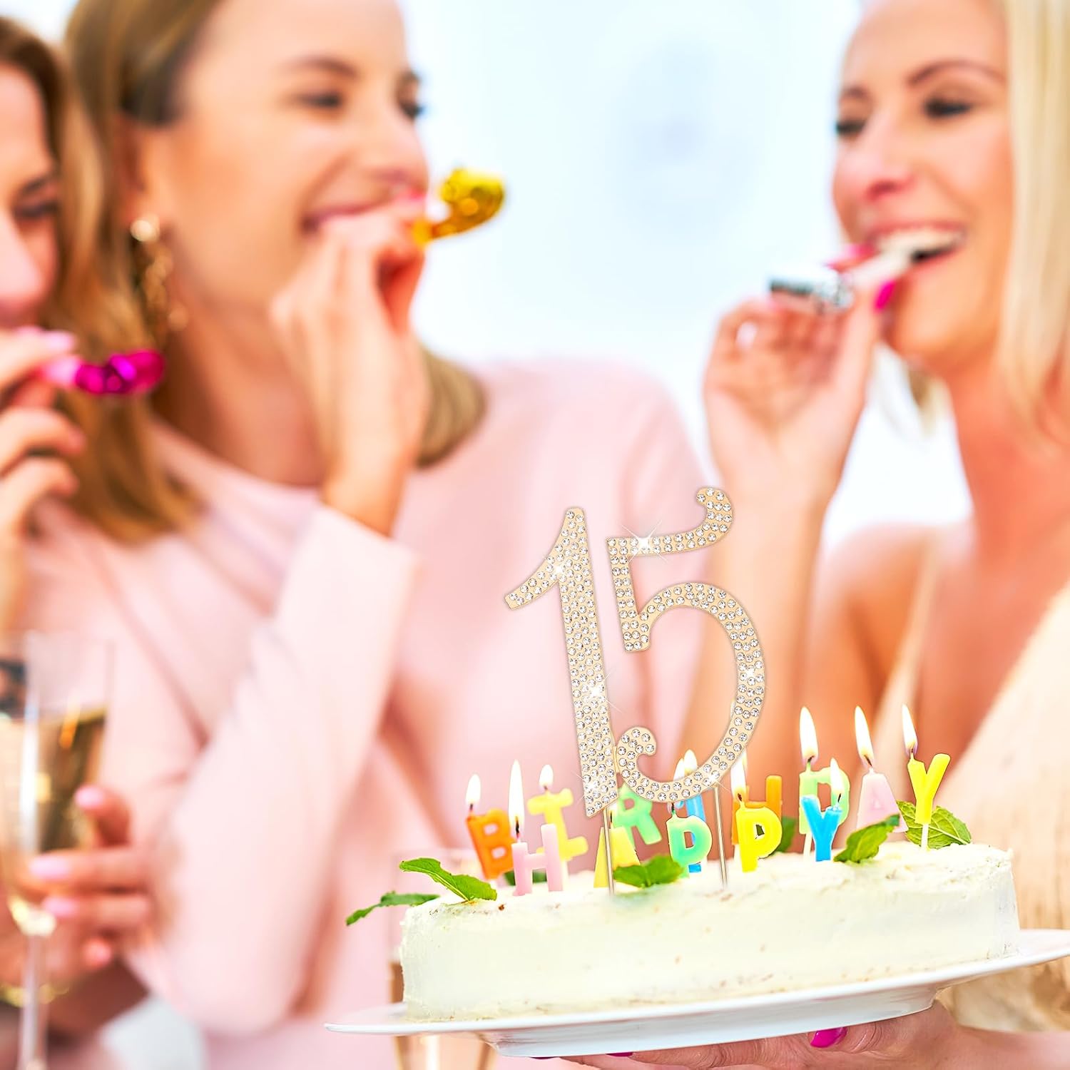 15 Cake Topper, Rhinestone 15th Birthday Cake Topper Happy 15 Crystal Rhinestones Cakes Toppers Crystal Rhinestones Birthdays Cakes Decoration for Quinceanera Birthday Anniversary(Gold)