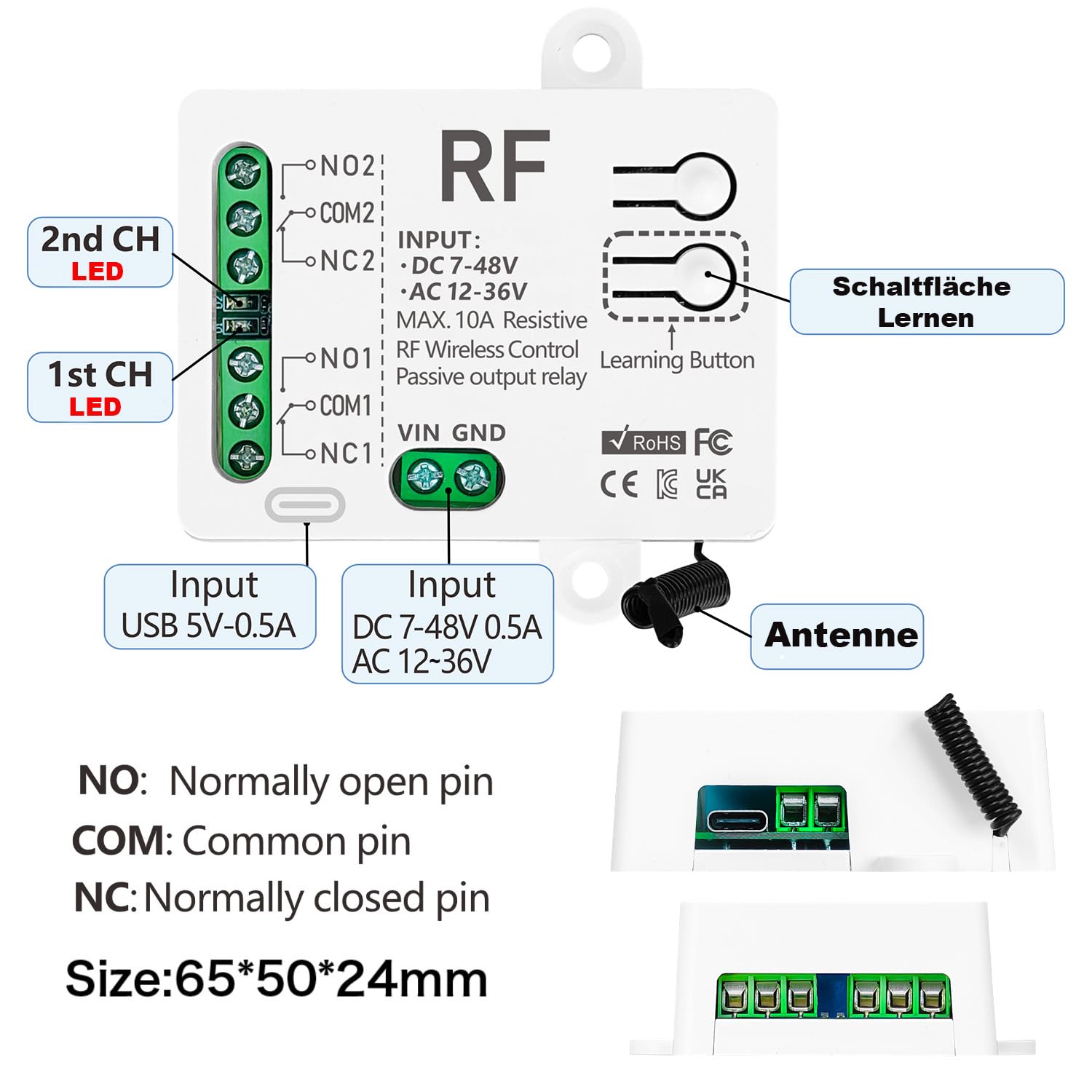433 MHz RF-Funkfernbedienungsschalter mit 2 Sendern DC 7V 12V 24V 36V 48V AC 12V 24V 36V 10A 2 Kanal Relaisempfänger für elektrischen Vorhang, Garagentor, Motorlicht, Funksteuerschalter