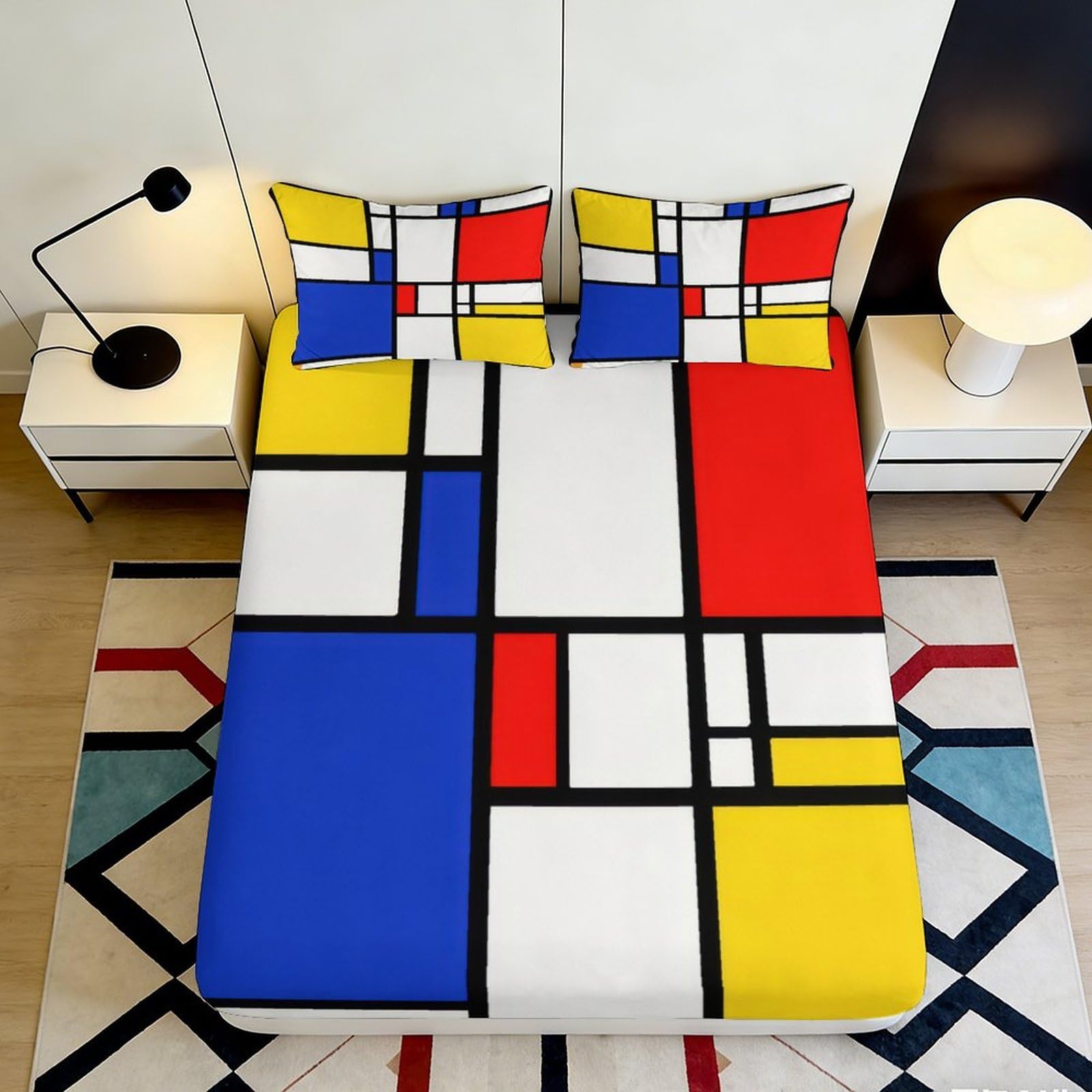 3D Printed Geometric Color Block Fitted Sheet Microfiber Modern Mondrian Bed Cover for Bedroom Dorm Mattress Decor, Easy Care 90x200x25cm