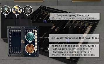 Elegant Wooden Backgammon Game - Handmade 20 Inch Set with UV Printed Glass Playing Surface - Unique Star Motif - Includes 30 Design Tiles & Dice - High Quality Wooden Board Game