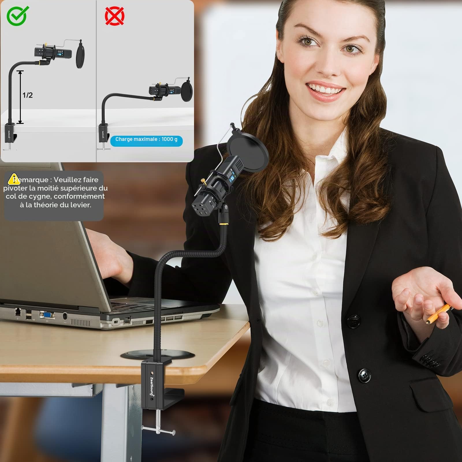 ZealSound Bras Micro Compact 19 inch, Peu Encombrant et Flexible Rigide – Pied Micro Col de Cygne de Bureau, avec Adaptateur 3/8" à 5/8", Support de Microphone pour Blue Snowball Razer Seiren SoloCast