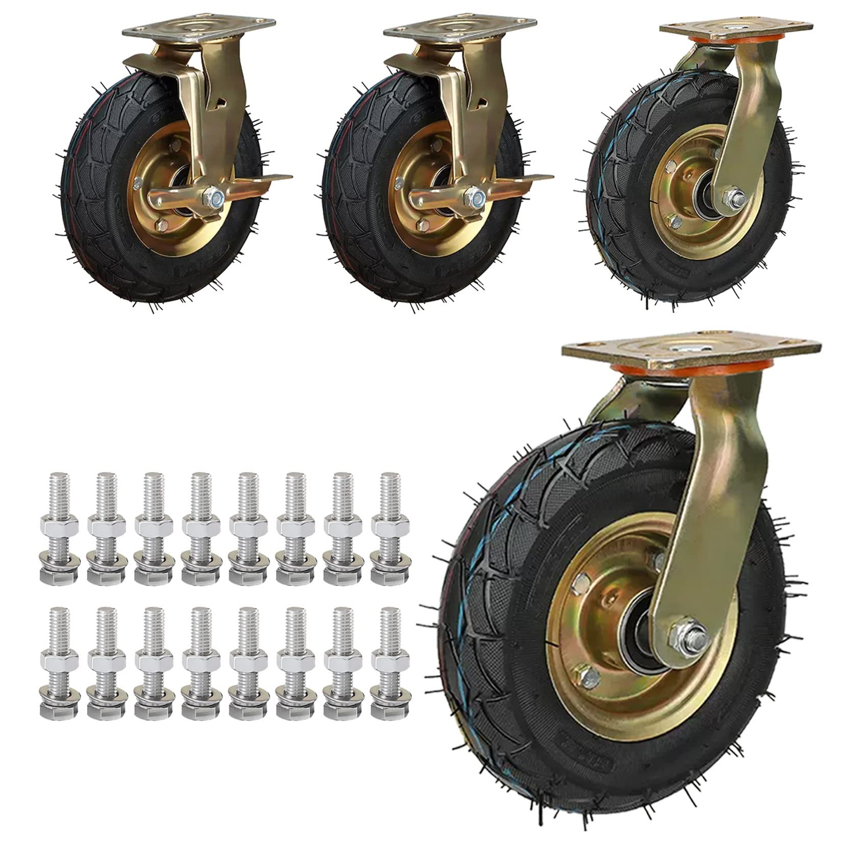 MXXQRHF Heavy Duty 8Inch & 10Inch Pneumatic Rubber Caster Wheel Set of 4 Industrial Swivel Casters with Double Ball Bearings & Side Brakes 770Lbs Load Capacity Silent Movement
