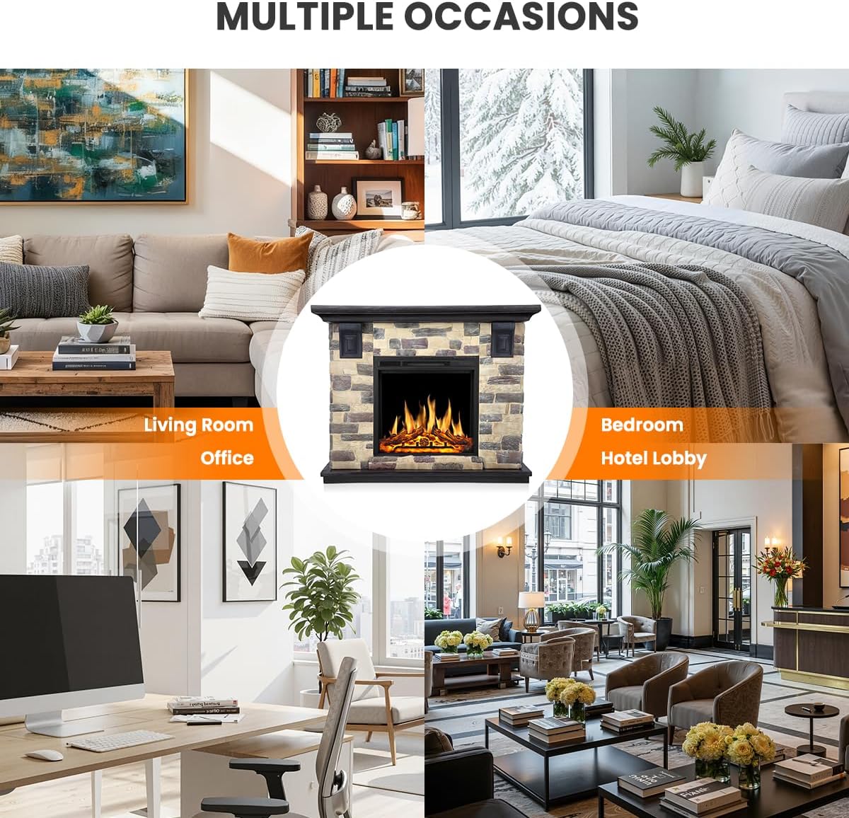 50" Electric Fireplace TV Stand for Living Room Bedroom,Fireplace with Faux Stone-Look Mantel, Realistic 3D Flame Effect, 7 Brightness&750W/1500W Dual Heat Settings, Remote Control