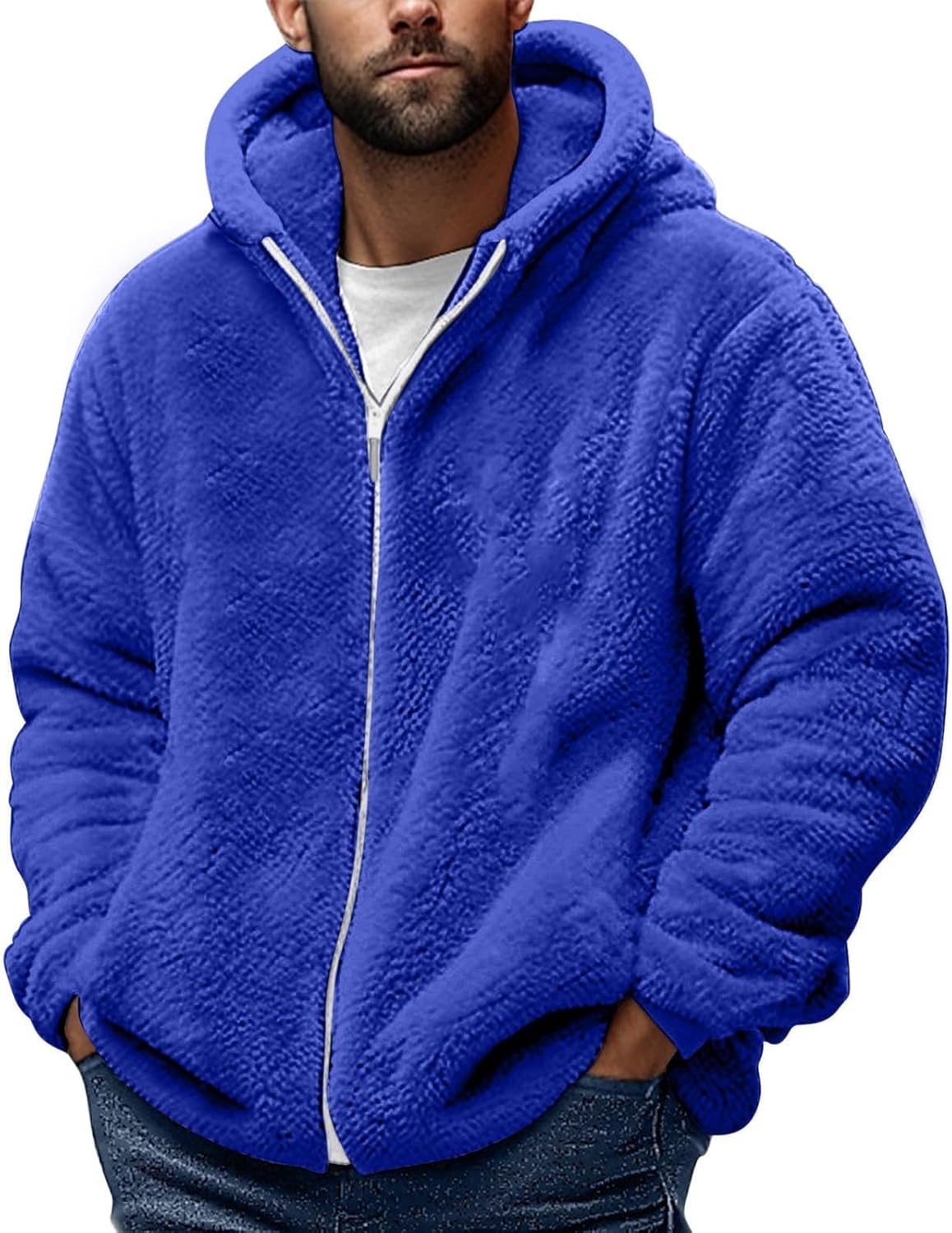 Mens Fleece Jacket Sherpa Lined Zip Up Hoodie Solid Soft Plush Warm Winter Coat Plus Size Casual Outerwear Sweatshirt