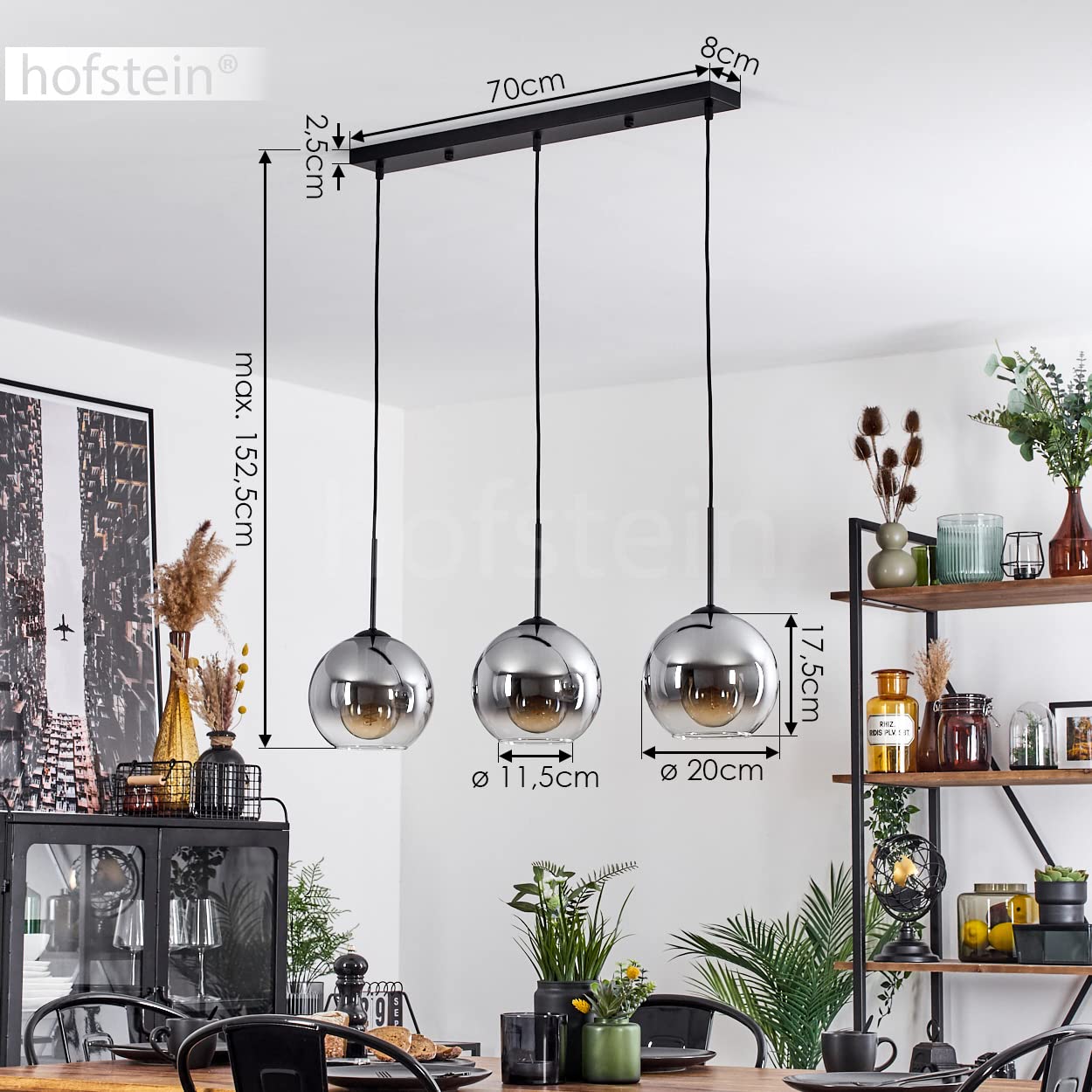 Lampada a sospensione Koyoto, lampada in metallo/vetro in nero/fumo/chiaro, lampada a 3 luci in design vintage/retrò con paralumi in vetro (Ø 20 cm), altezza massima 152,5cm, 3x E27, senza lampadina/e