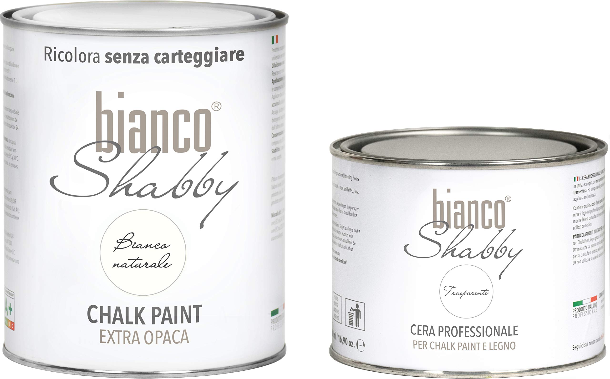 Pintura Shabby Chalk Paint & Cera profesional – Pintura Shabby Chic (1 litro) + cera profesional neutra (500 ml), blanco