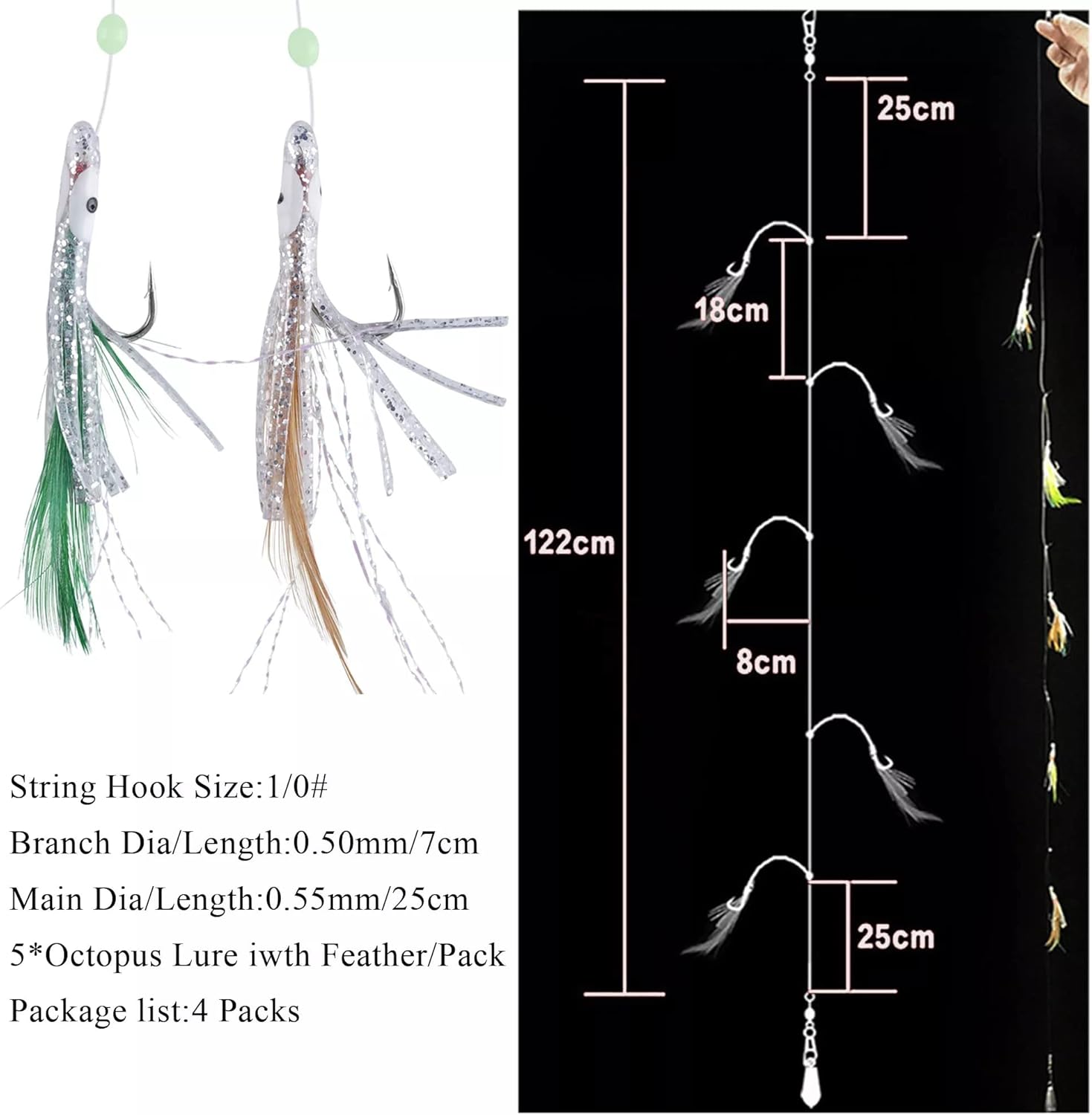 Fishing Bait Rigs Snelled Hooks Octopus with Hair Skirted Lures,4packs : Sports & Outdoors