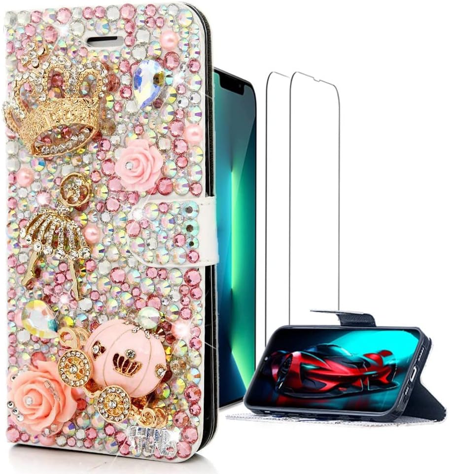 Glitter Wallet Phone Case Compatible with Google Pixel 6 Pro - 3D Luxury Girls Women Shiny Handcrafted Leather Cover with Screen Protector (2 Pack) - Pink Crown Ballet Girl Pumpkin Car