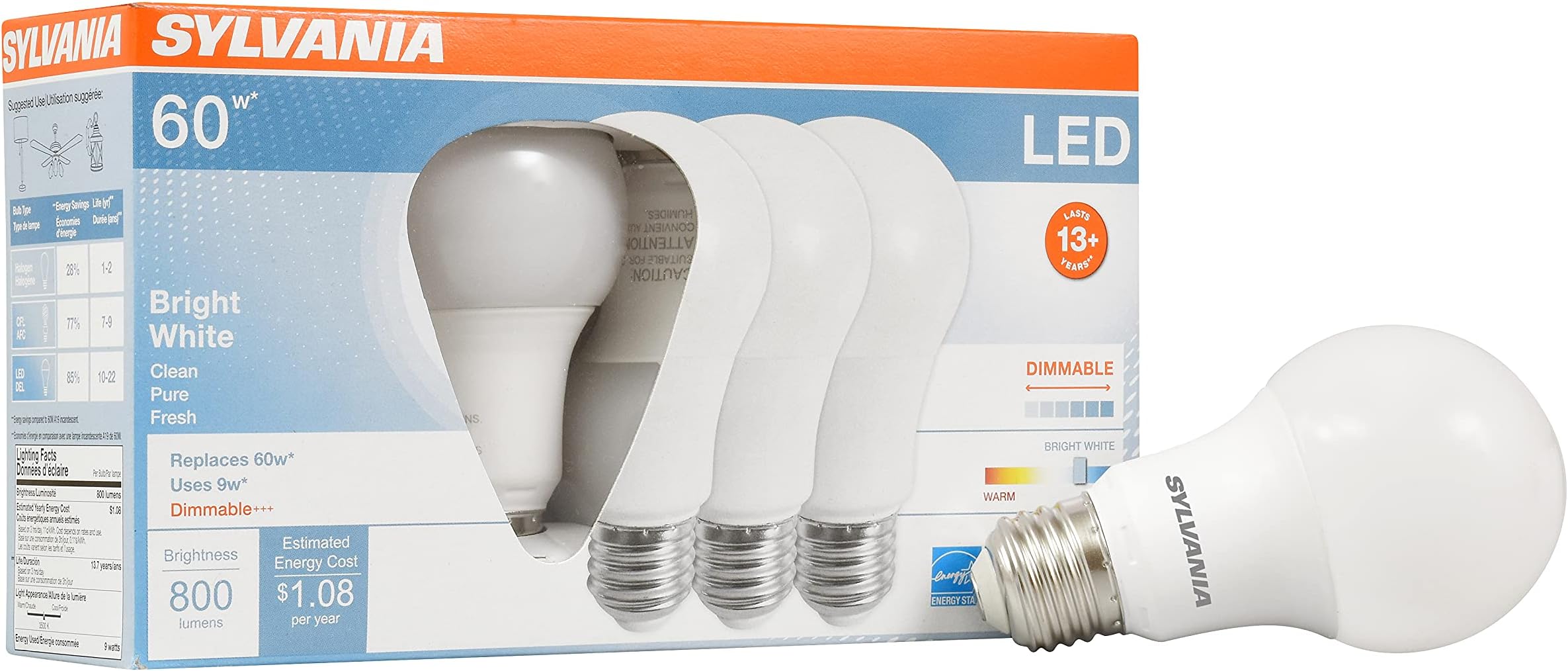 Sylvania Ultra LED Light Bulb, 60W Equivalent A19, Efficient 9W, Medium Base, Dimmable, Frosted Finish, 800 Lumens, Bright White - 4 Pack (78038)