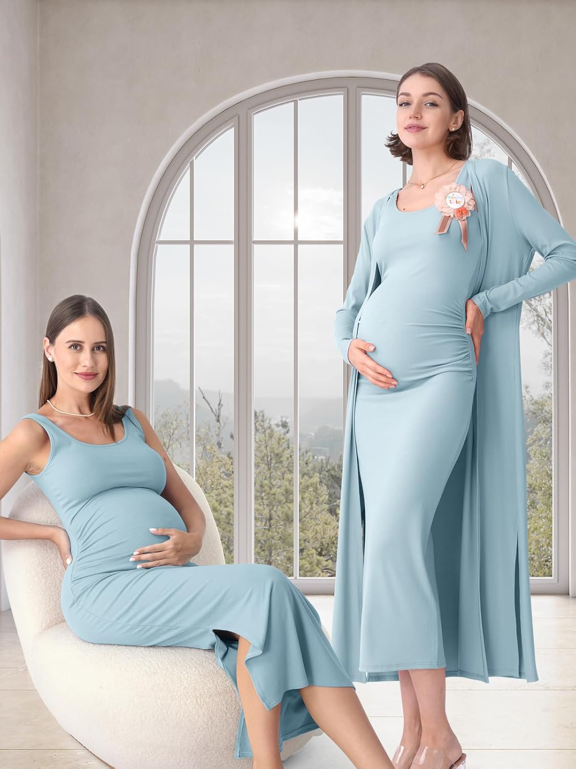 Rnxrbb 2 PCS Spring Summer Maternity Dress Cardigan Set Bodycon Maxi Formal Dresses Boho Baby Shower for Women