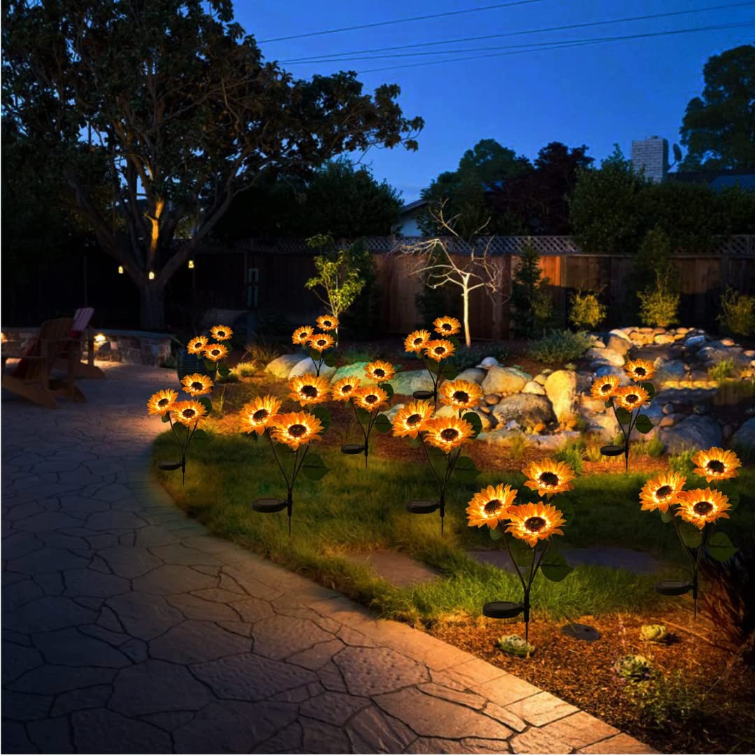 Luci solari per esterni, luci a LED a forma di girasole, IP67, impermeabili, per giardino, cortile, patio, passerella, set da 4 pezzi con 8-10 ore di illuminazione