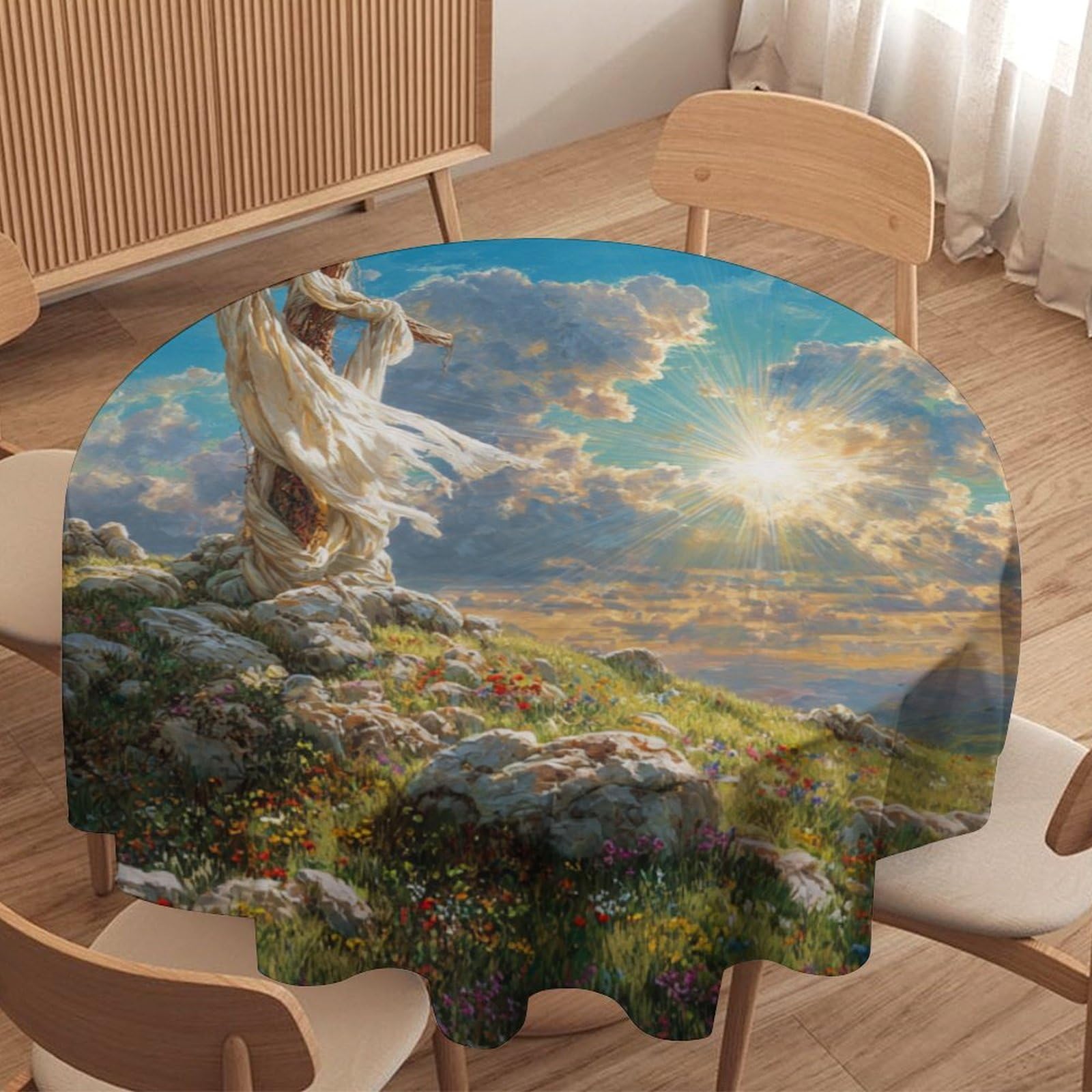 LUYYSKY Modern Classic Crosses Round Tablecloth Vintage Fantasy Sunrise Landscape Easter Cross Floral Pattern Washable Decor for Table Cover for Kitchen-177.8" Wx177.8 L cm