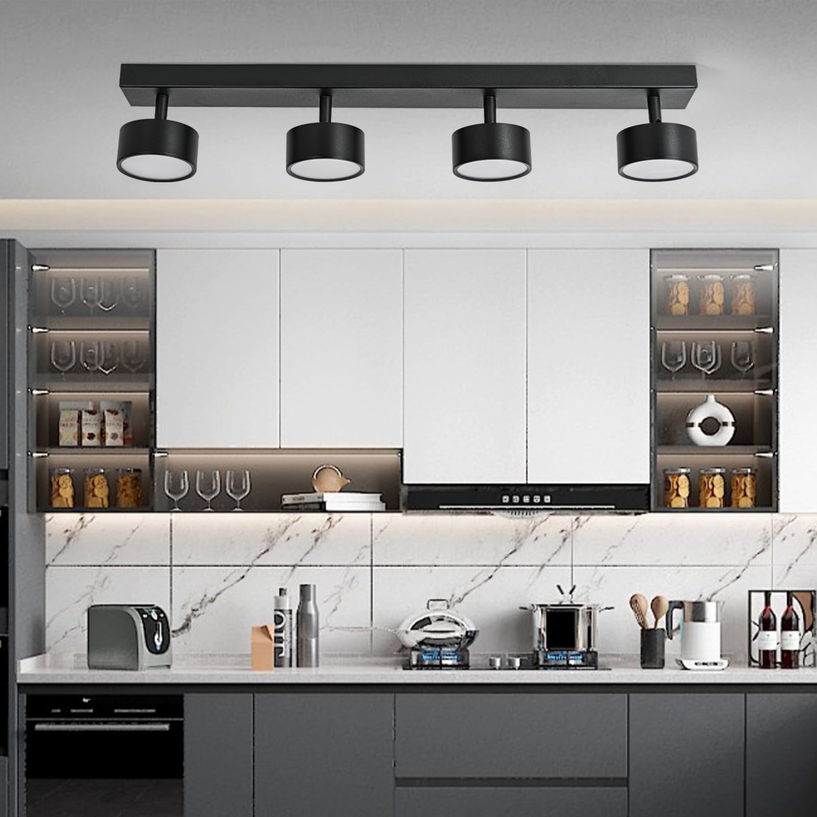 Plafones LED Lámpara de Techo 4 Focos Orientable, Plafones de Techo Negro LED Foco de techo 28W Blanco Cálido 3000K Plafón Pared Interior Moderno Para Cocina Pasillos Salón Dormitorios