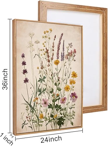 Juego de arte de pared en lienzo enmarcado con acuarela de flores silvestres vintage, decoración de pared botánica de flores retro, pintura floral