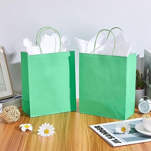 Miniatura 4 de Paquete de 50 bolsas de regalo de papel verde de tamaño mediano con asas y 50 papel de regalo de papel blanco para pequeñas empresas, cumpleaños,