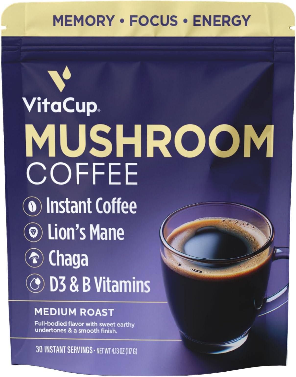 VitaCup Focus Mushroom Instant Coffee | For Memory & Clarity Support | with Fiber, Chaga, Lion’s Mane | D3 & B Vitamins | Medium Roast 100% Arabica & Robusta Instant Coffee | 30 Servings