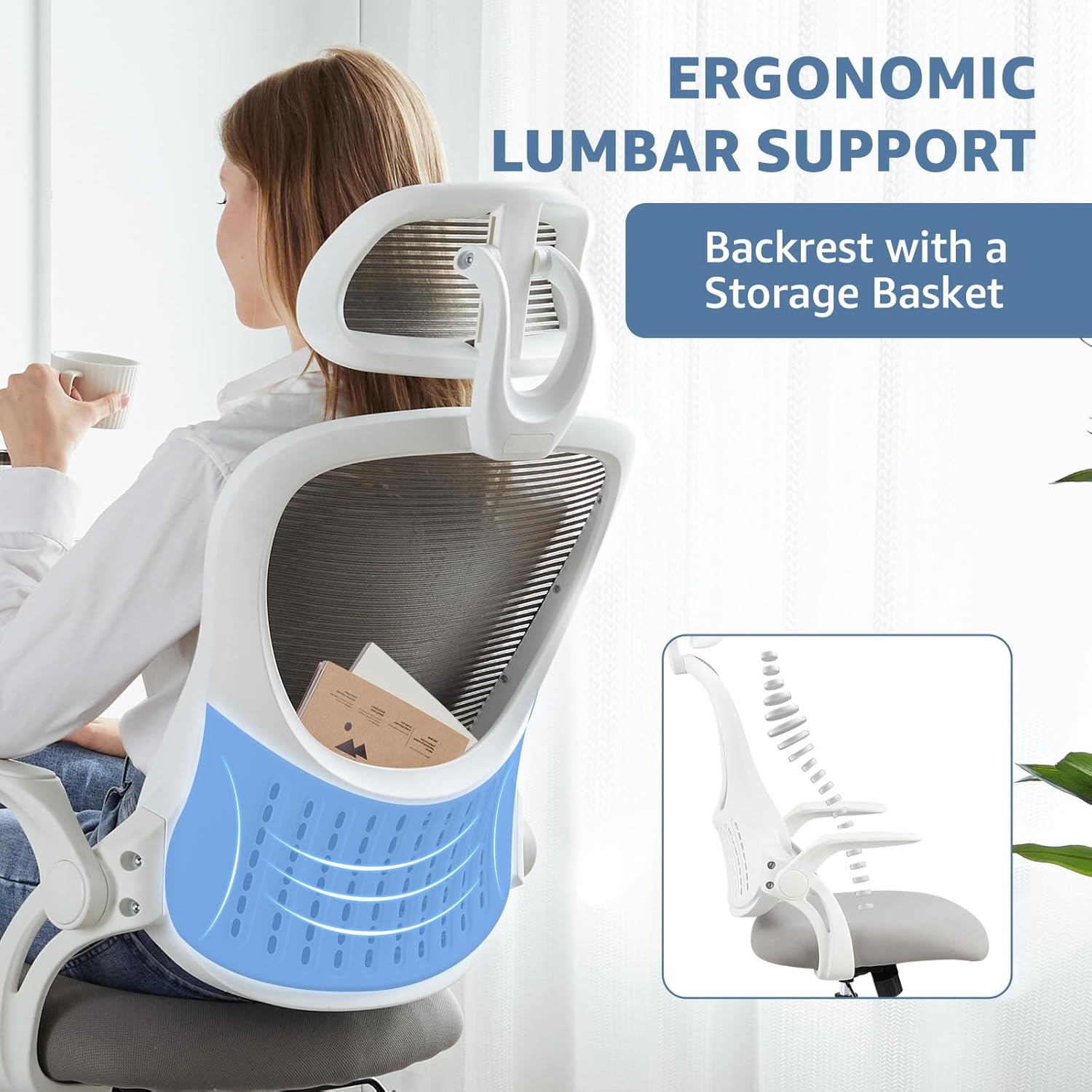 DUMOS Home Office Desk Chair, Ergonomic High-Back Mesh Rolling Work Computer Chairs with Wheels and Adjustable Headrests, Comfortable Lumbar Support, Comfy Flip-up Arms for Bedroom, Study, Grey