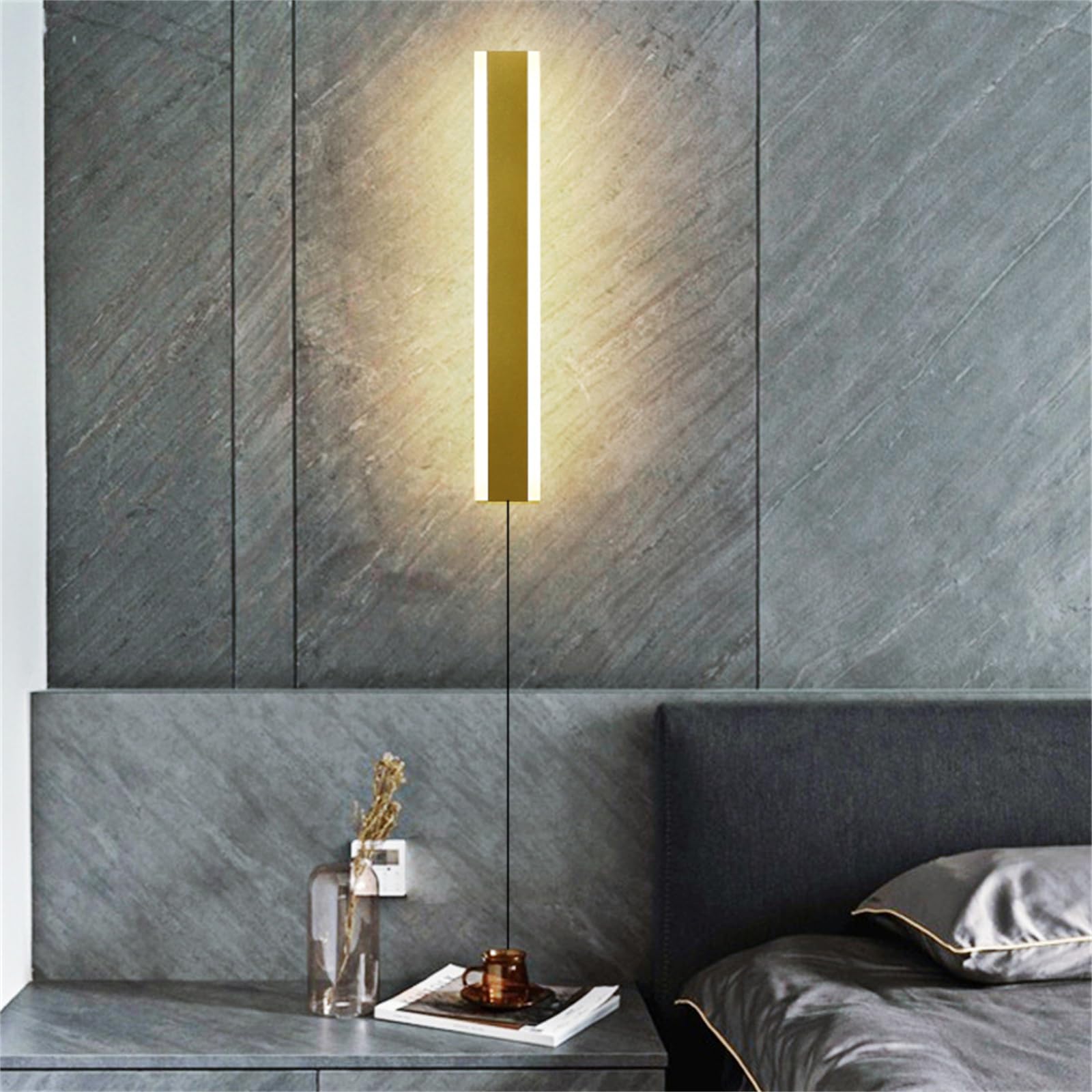 Wandlampe mit Schalter und Stecker Lange LED Wandleuchte Innen Dimmbar Modern Flurlampe mit Fernbedienung Treppenhauslampe Wandbeleuchtung für Wohnzimmer Schlafzimmer (Weiß,60CM)