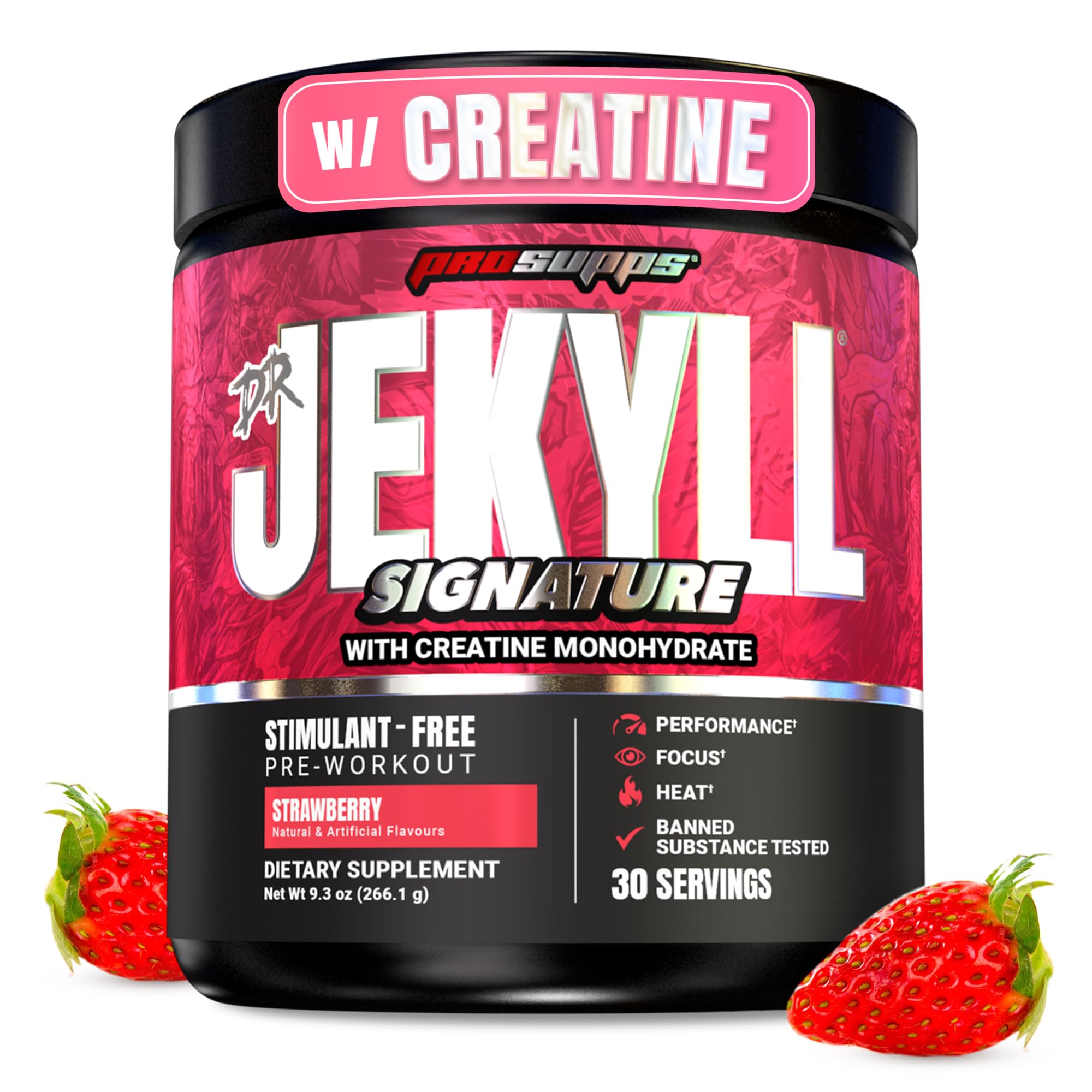 Dr. Jekyll Signature V2 Pre Workout Powder with Creatine - Stim-Free Preworkout Supports Focus & Endurance - Caffeine-Free Gym & Fitness Supplements (Strawberry, 30 Servings)