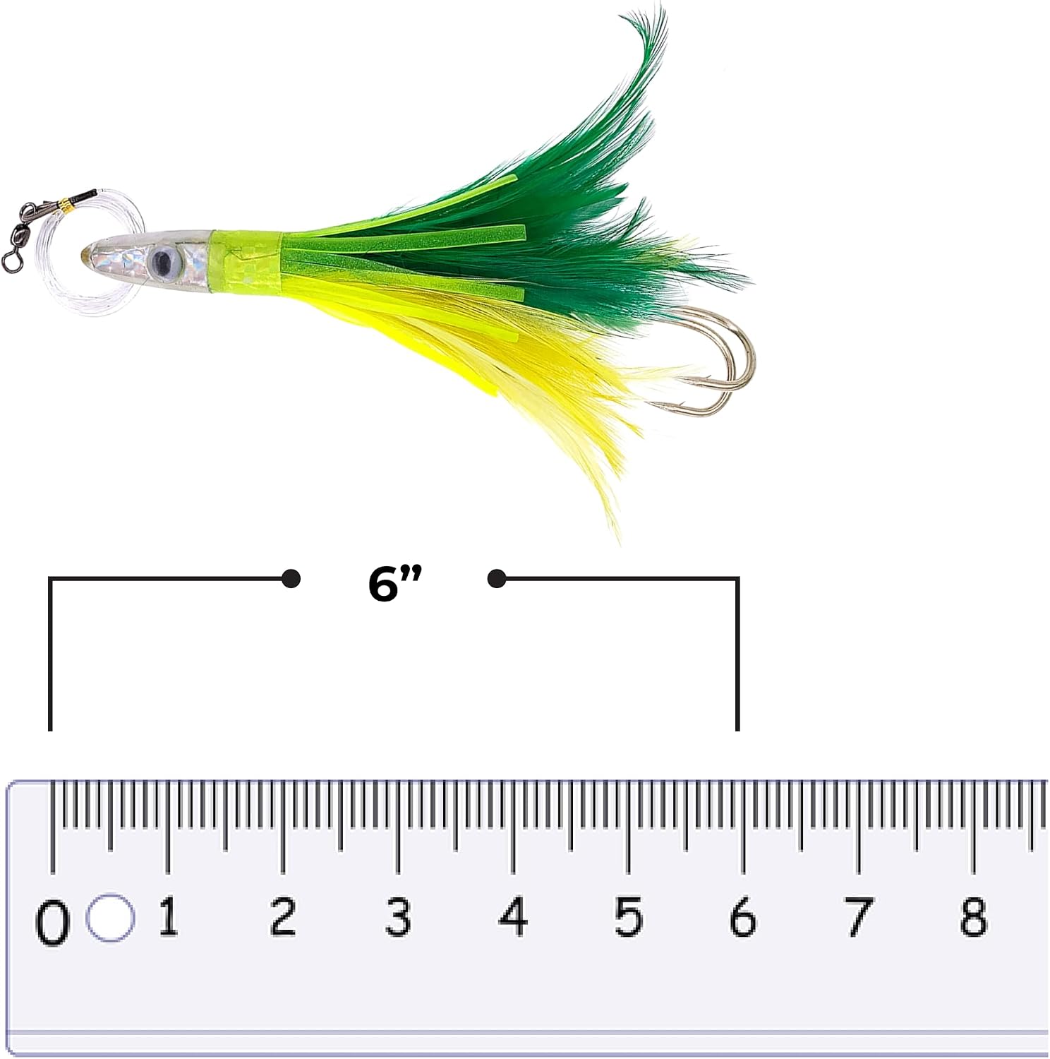 6" Tuna Feathers, 6 Pcs Green/Yellow for Saltwater Trolling, Ideal for Tuna, Dorado, and Pelagic Gamefish