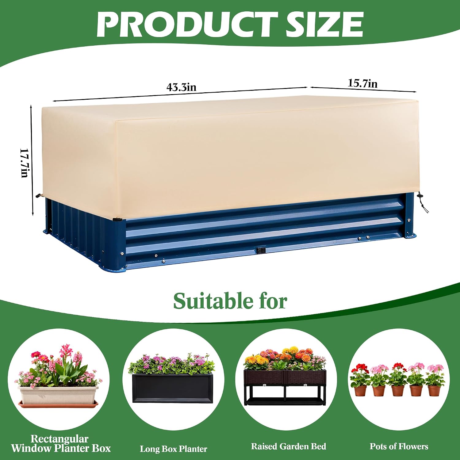 Plant Freeze Protection Cover 2 Pack with Elastic Drawstring, 3.54 oz/yd² Winter Frost Blanket Cloth Planter Box Covers for Raised Garden Bed Outdoor Flowers Potted, 43.3 x 15.7 x 17.7INCH image 2