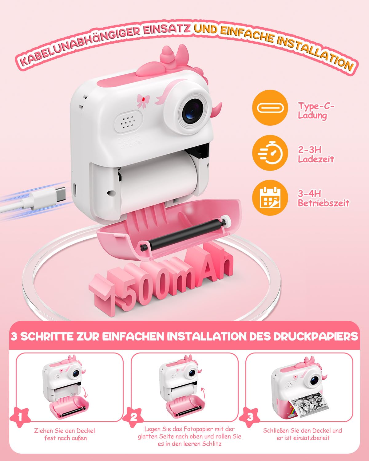ElecMoga Sofortbildkamera Kinder, 48MP Kinderkamera 1080P HD 2,4 Zoll Bildschirm Digitalkamera mit 32GB Karte & DruckerPapier, Kinder Spielzeug Geburtstag Weihnachten Geschenk für 3-12 Jahren Mädchen
