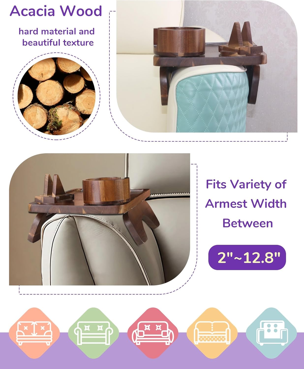 Couch Armrest Table with Oversized Cup Holder & Dual-Tower Phone Stand 3-in-1 Sofa Arm Tray, Acacia Wood Couch Arm Table with 360° Rotating Holders, Foldable Couch Cup Holder Tray for Drinks & Snacks
