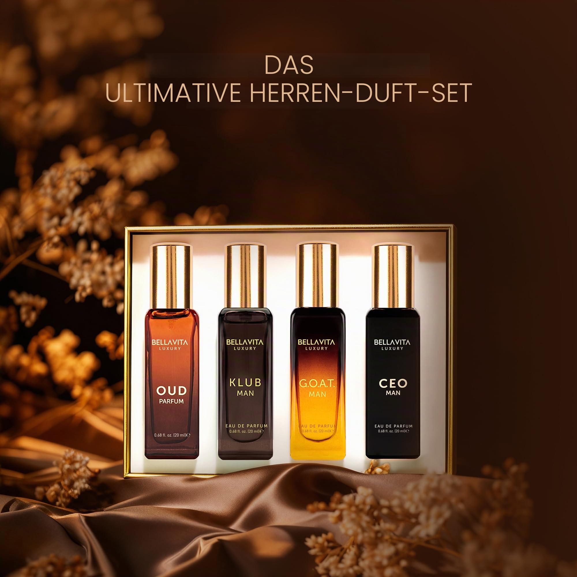 Bella Vita Luxus-Parfüm-Geschenkset für Herren | 4 x 20 ml | Geschenkidee für Männer | Holzig, Zitrus, Oud, Premium-Duft | KLUB, OUD, CEO, G.O.A.T.