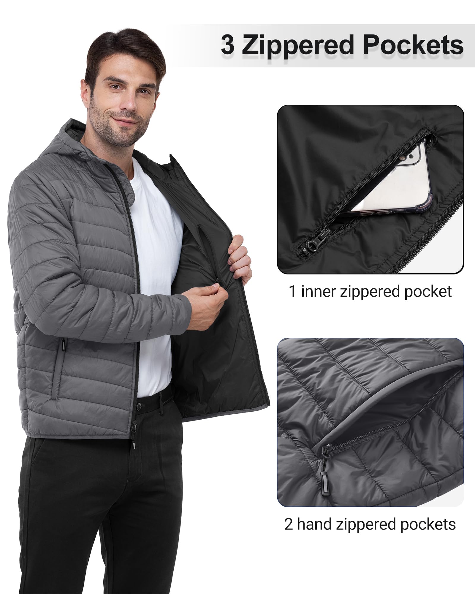 Outdoor Ventures Herren-Pufferjacke Leichte Wasserdichte Kapuzenjacke Isolierter Puffmantel Verstaubare Winterjacke für Herren mit Taschen Zum Wandern Camping Reisen